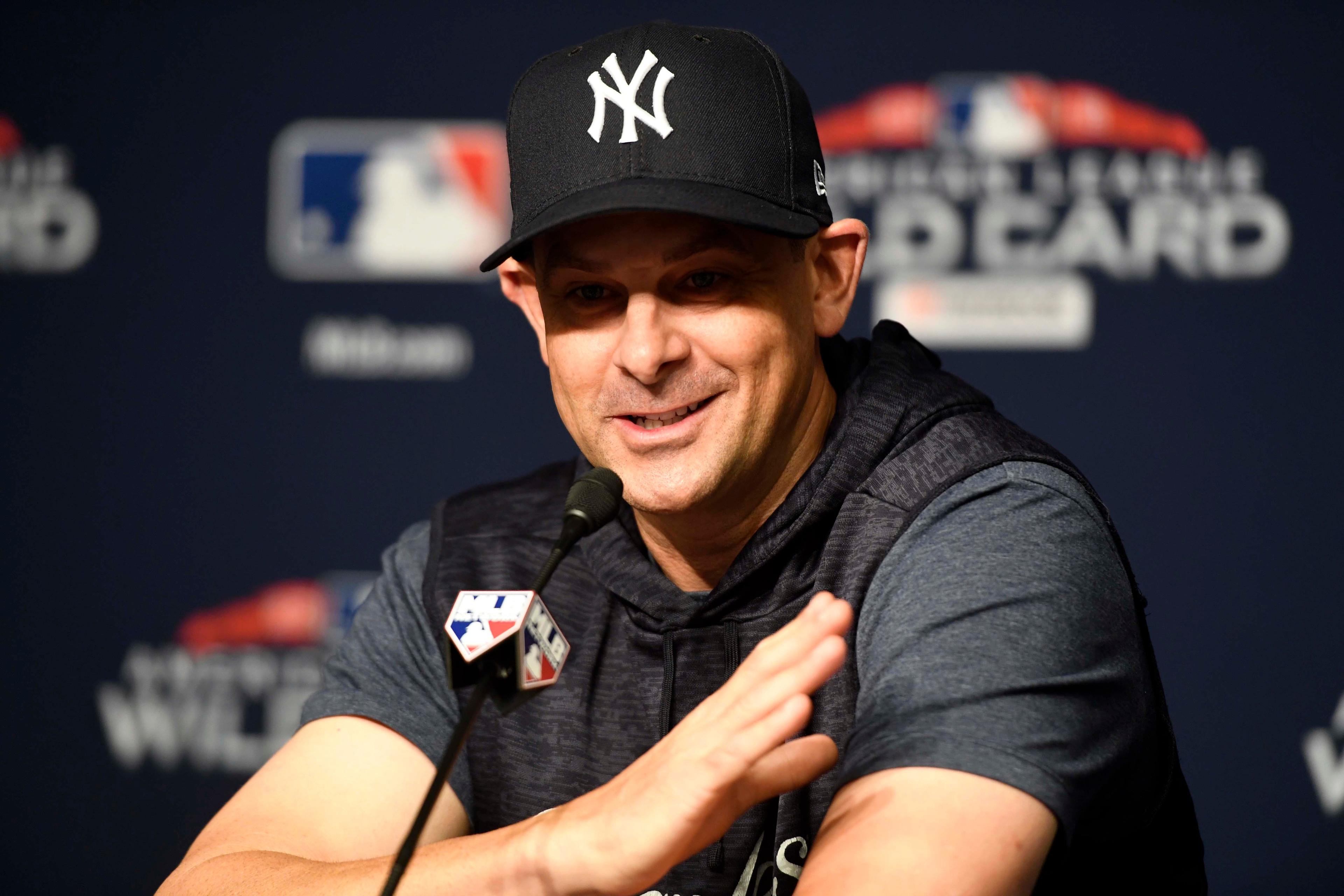 Oct 2, 2018; Bronx, NY, USA; New York Yankees manager Aaron Boone speaks at a press conference during workouts one day before the 2018 American League Wild Card playoff baseball game at Yankee Stadium. Mandatory Credit: Danielle Parhizkaran/NorthJersey.com via USA TODAY Sports / Danielle Parhizkaran