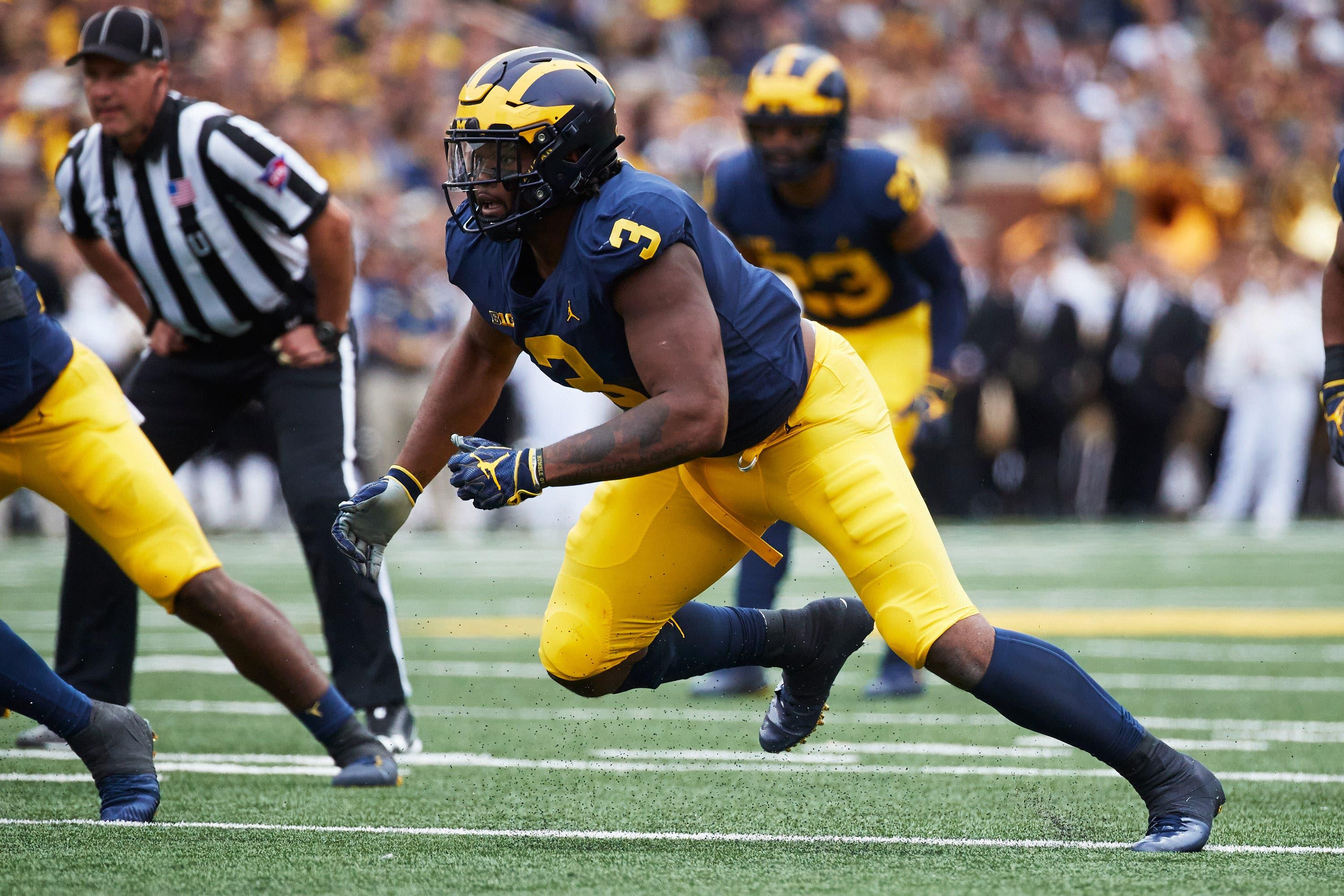 Sep 8, 2018; Ann Arbor, MI, USA; Michigan Wolverines defensive lineman Rashan Gary (3) rushes in the first half against the Western Michigan Broncos at Michigan Stadium. Mandatory Credit: Rick Osentoski-USA TODAY Sports / Rick Osentoski