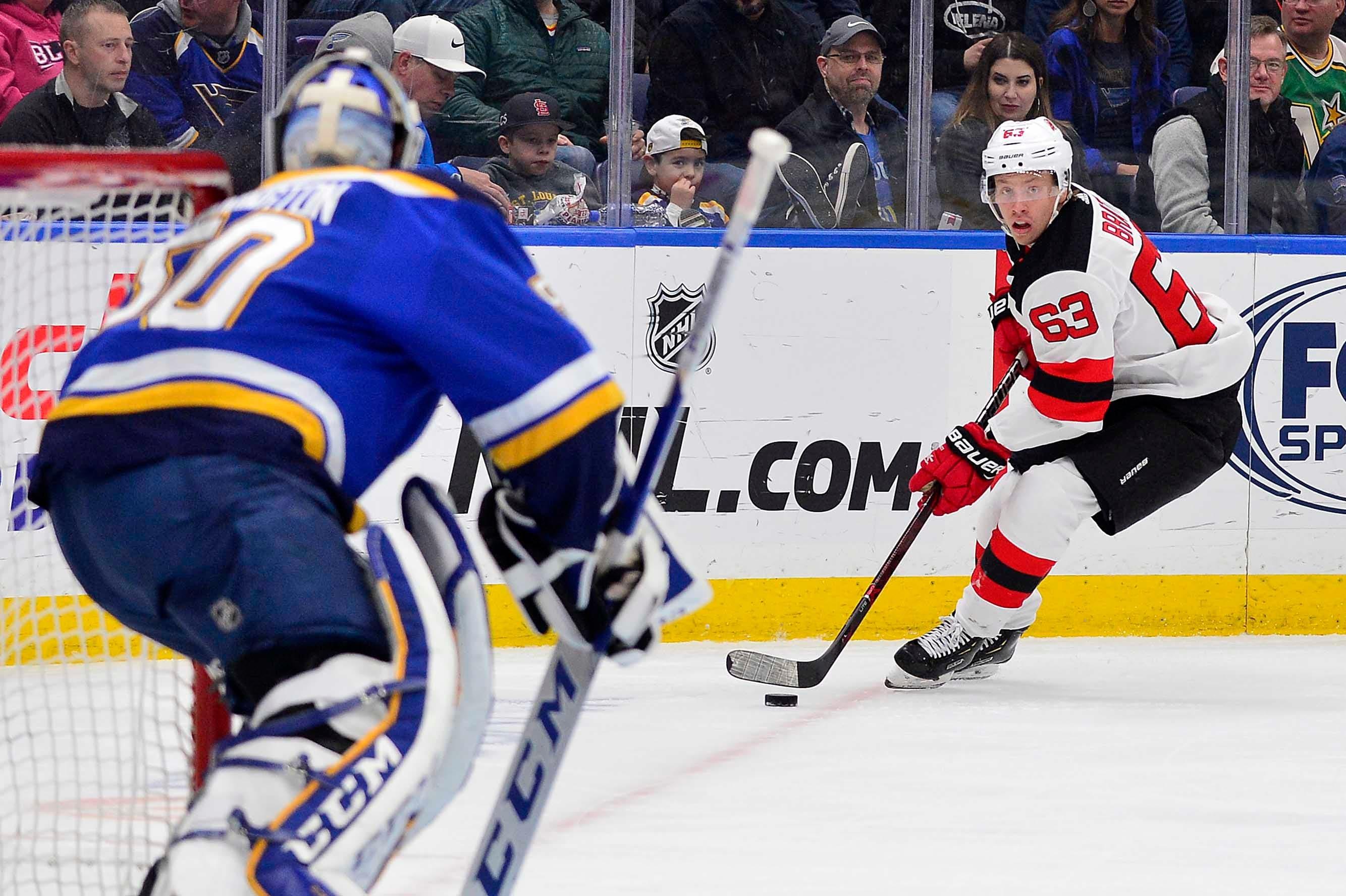 New Jersey Devils left wing Jesper Bratt handles the puck as St. Louis Blues goaltender Jordan Binnington defends the net during the second period at Enterprise Center. / Jeff Curry/USA TODAY Sports