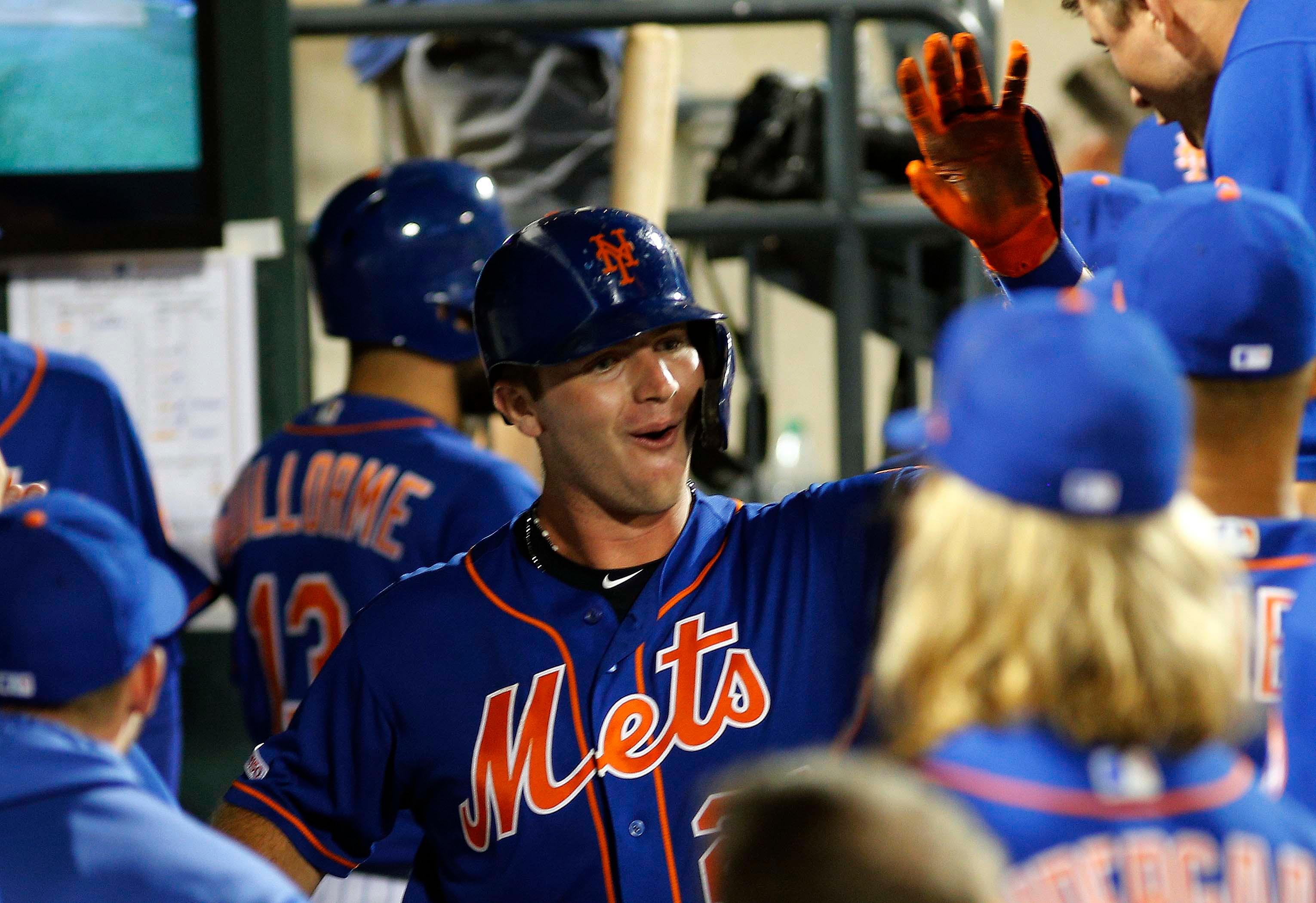 Aug 5, 2019; New York City, NY, USA; New York Mets first baseman Pete Alonso (20) is congratulated after hitting a solo home run against the Miami Marlins during the seventh inning of game two of a doubleheader at Citi Field. Mandatory Credit: Andy Marlin-USA TODAY Sports