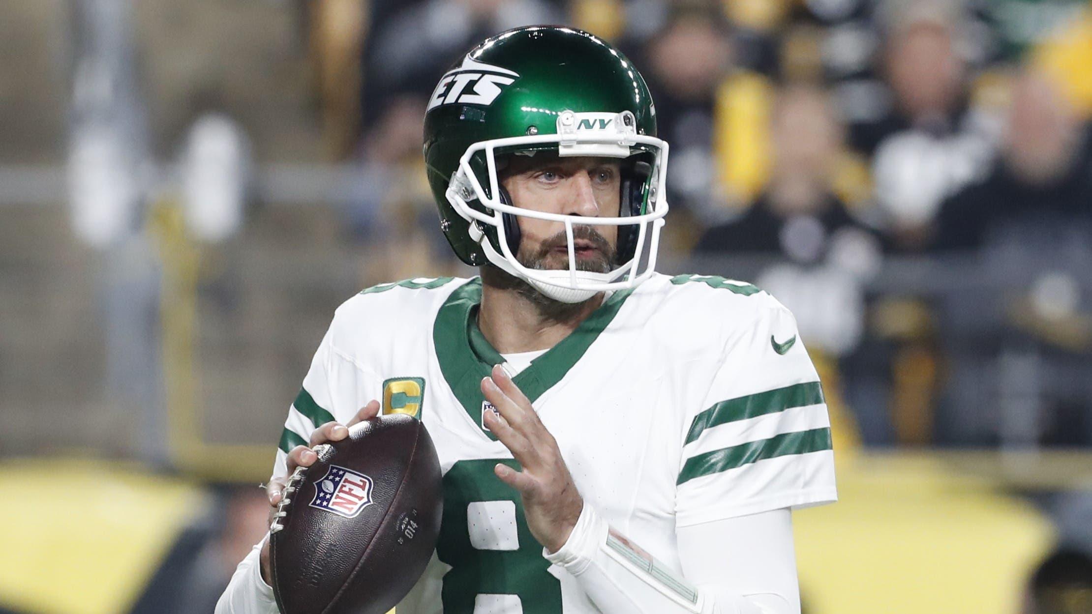 Oct 20, 2024; Pittsburgh, Pennsylvania, USA; New York Jets quarterback Aaron Rodgers (8) looks to pass against the Pittsburgh Steelers during the first quarter at Acrisure Stadium. Mandatory Credit: Charles LeClaire-Imagn Images