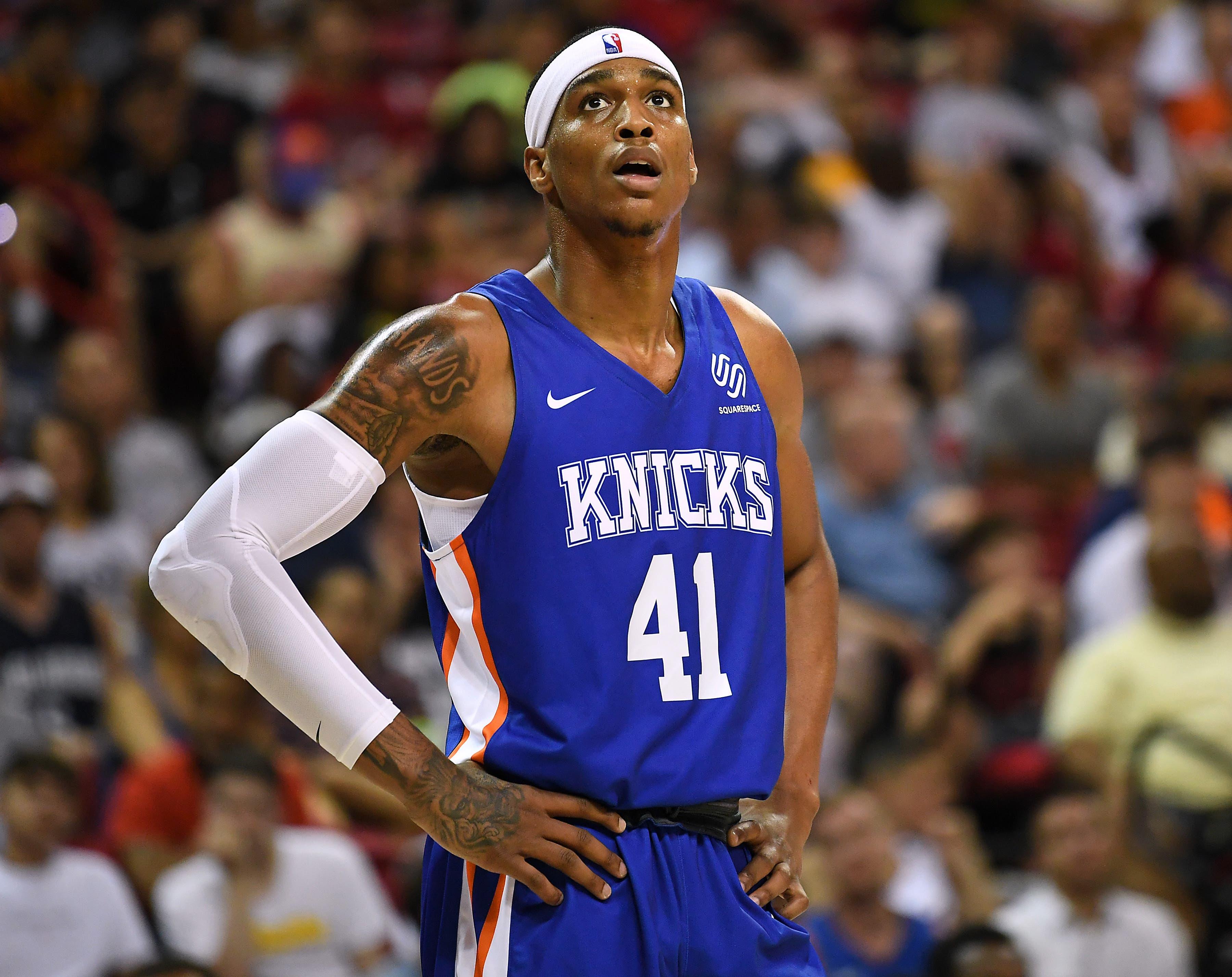 Jul 7, 2019; Las Vegas, NV, USA; New York Knicks forward Kenny Wooten (41) looks on during the second half of an NBA Summer League game against the Phoenix Suns at Thomas & Mack Center. Mandatory Credit: Stephen R. Sylvanie-USA TODAY Sports / Stephen R. Sylvanie