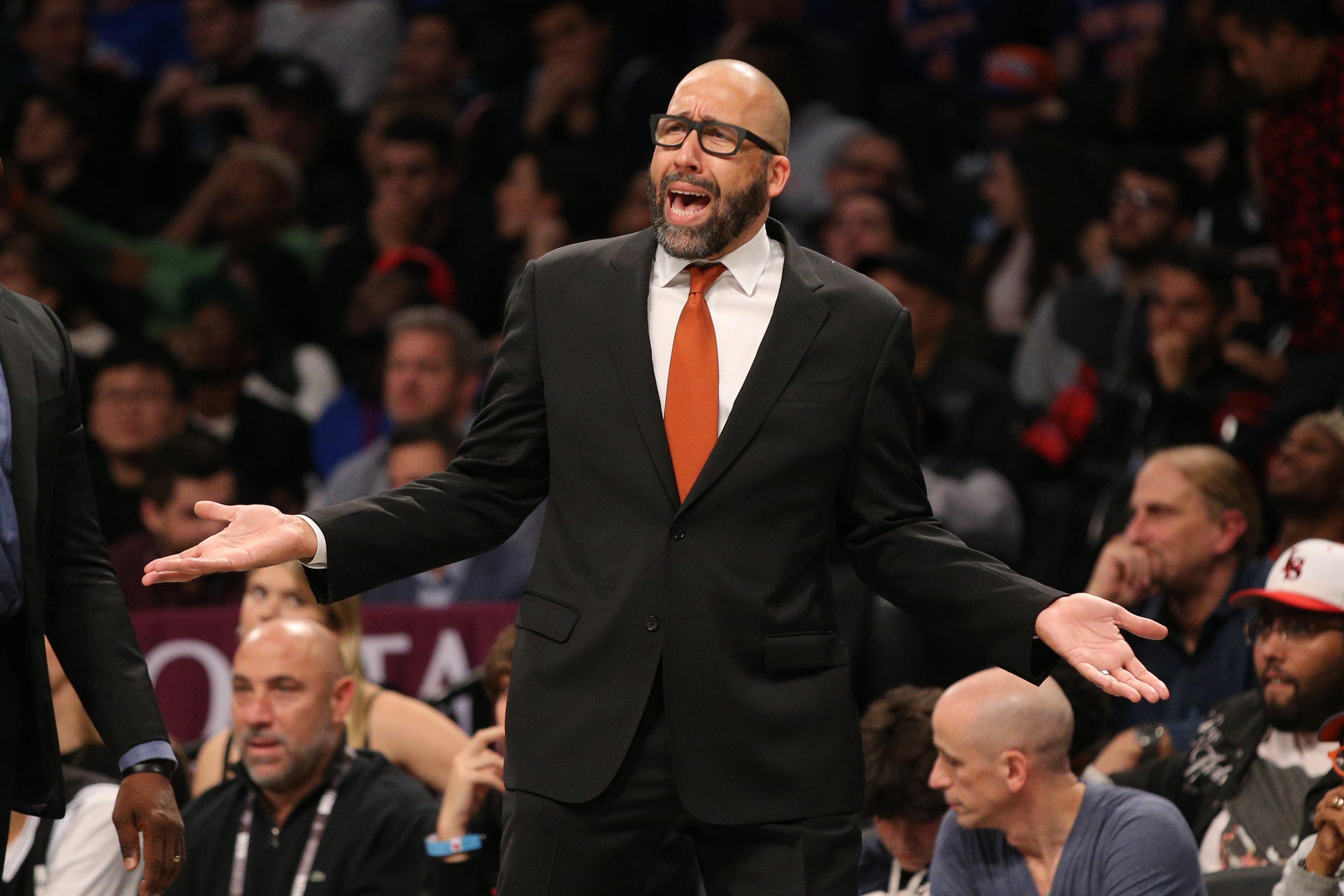 Oct 25, 2019; Brooklyn, NY, USA; New York Knicks head coach David Fizdale reacts against the Brooklyn Nets during the third quarter at Barclays Center. Mandatory Credit: Brad Penner-USA TODAY Sports