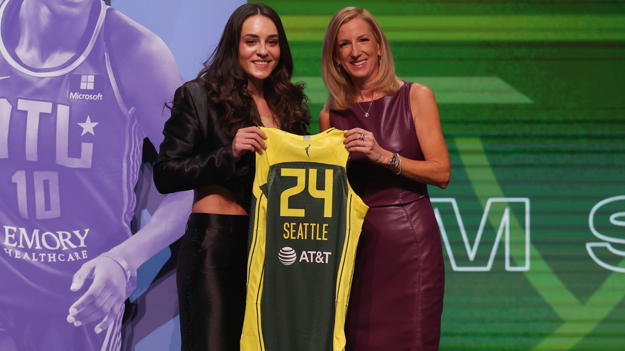 Apr 15, 2024; Brooklyn, NY, USA; Nika Muhl poses with WNBA commissioner Cathy Engelbert after she is selected with the number fourteen overall pick to the Seattle Storm in the 2024 WNBA Draft at Brooklyn Academy of Music. / Brad Penner-USA TODAY Sports