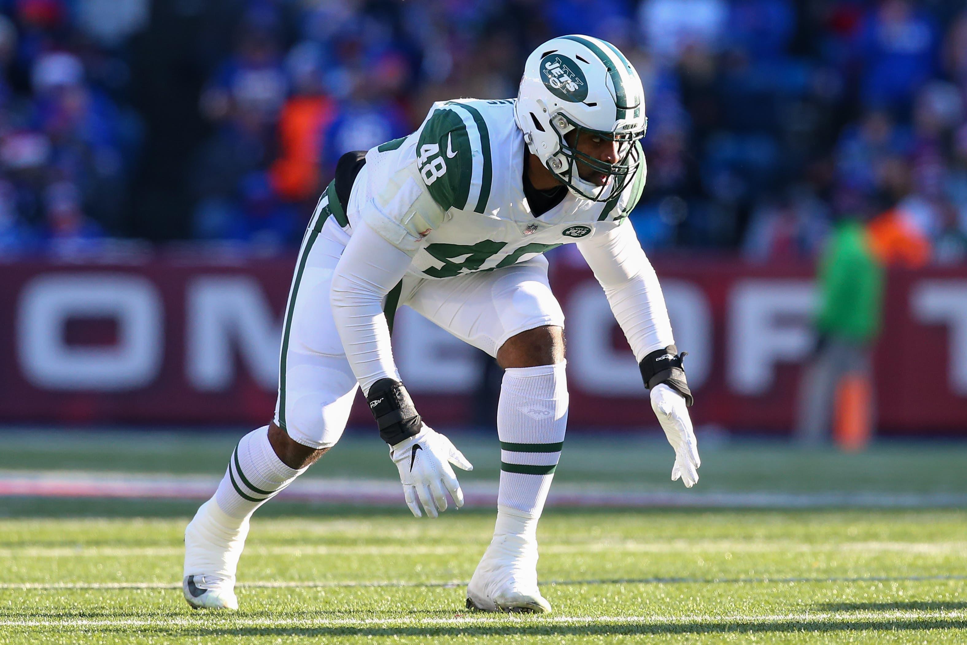 Dec 9, 2018; Orchard Park, NY, USA; New York Jets outside linebacker Jordan Jenkins (48) lines up for a play against the Buffalo Bills during the second quarter at New Era Field. Mandatory Credit: Rich Barnes-USA TODAY Sports / Rich Barnes