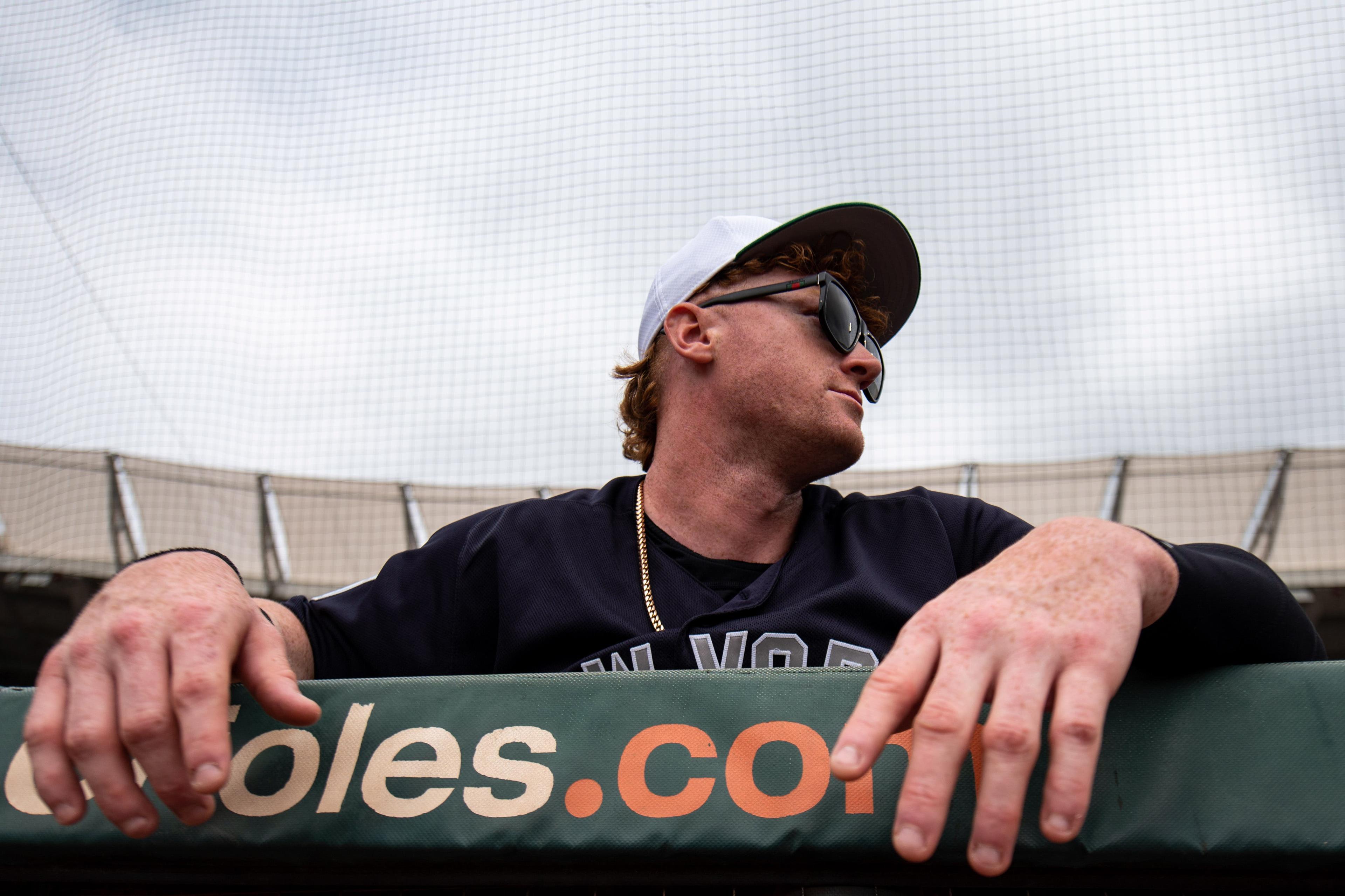 New York Yankees outfielder Clint Frazier looks on prior to the game between the Baltimore Orioles and the Yankees at Ed Smith Stadium. / Douglas DeFelice/USA TODAY Sports