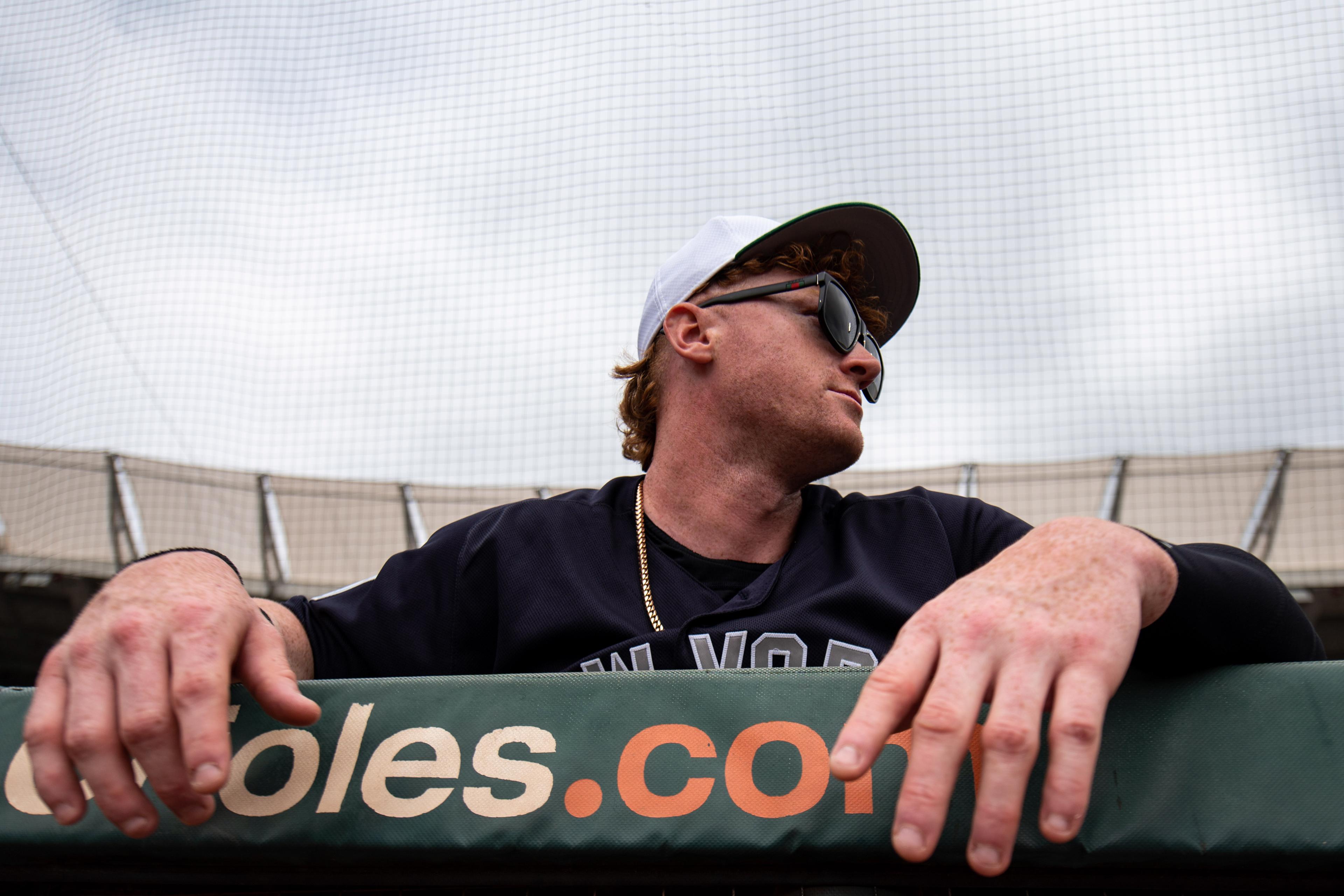 New York Yankees outfielder Clint Frazier looks on prior to the game between the Baltimore Orioles and the Yankees at Ed Smith Stadium.