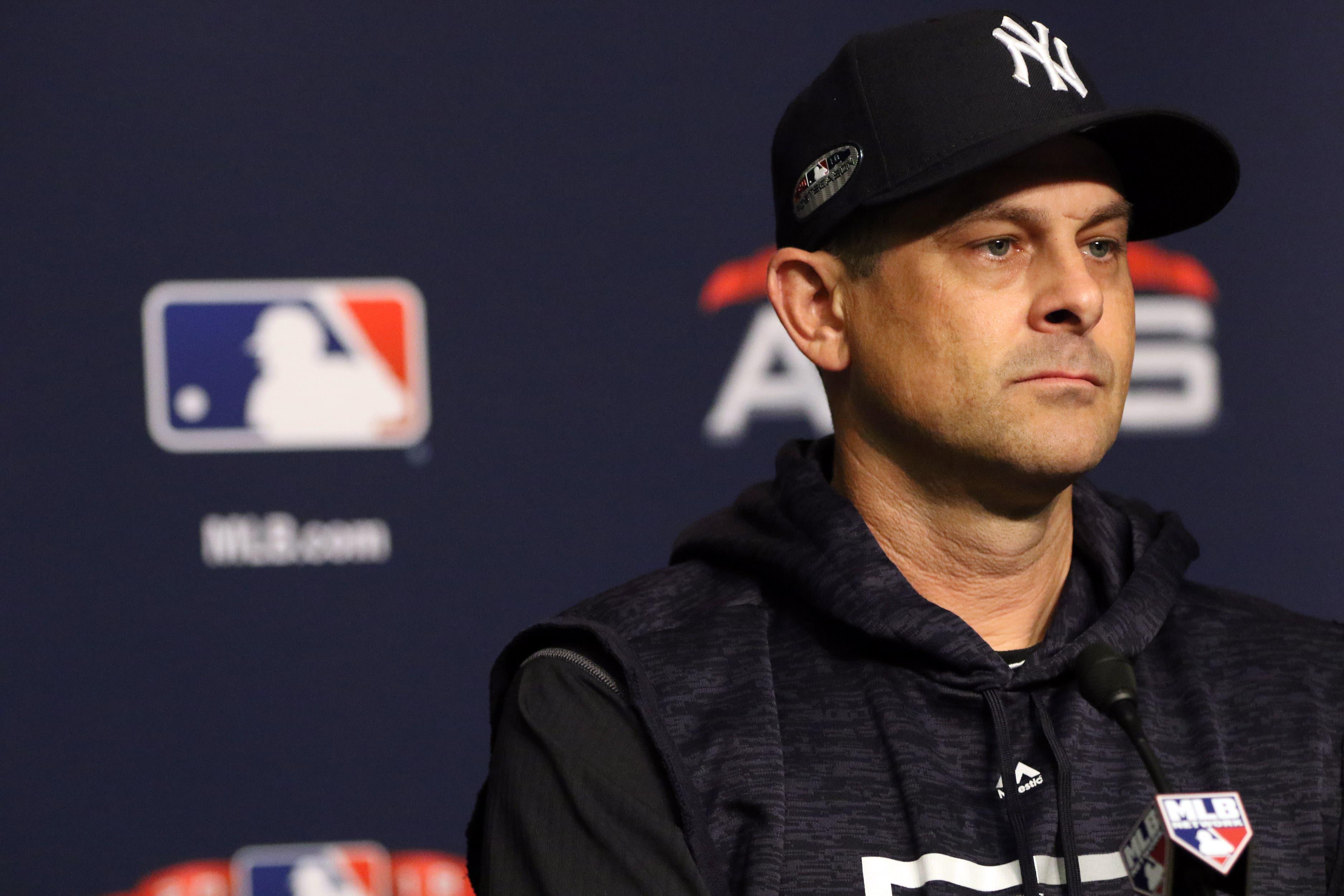 Oct 8, 2018; Bronx, NY, USA; New York Yankees manager Aaron Boone addresses the media prior to game three of the 2018 ALDS playoff baseball series against the Boston Red Sox at Yankee Stadium. Mandatory Credit: Kevin R. Wexler/NorthJersey.com via USA TODAY NETWORK / Kevin R. Wexler