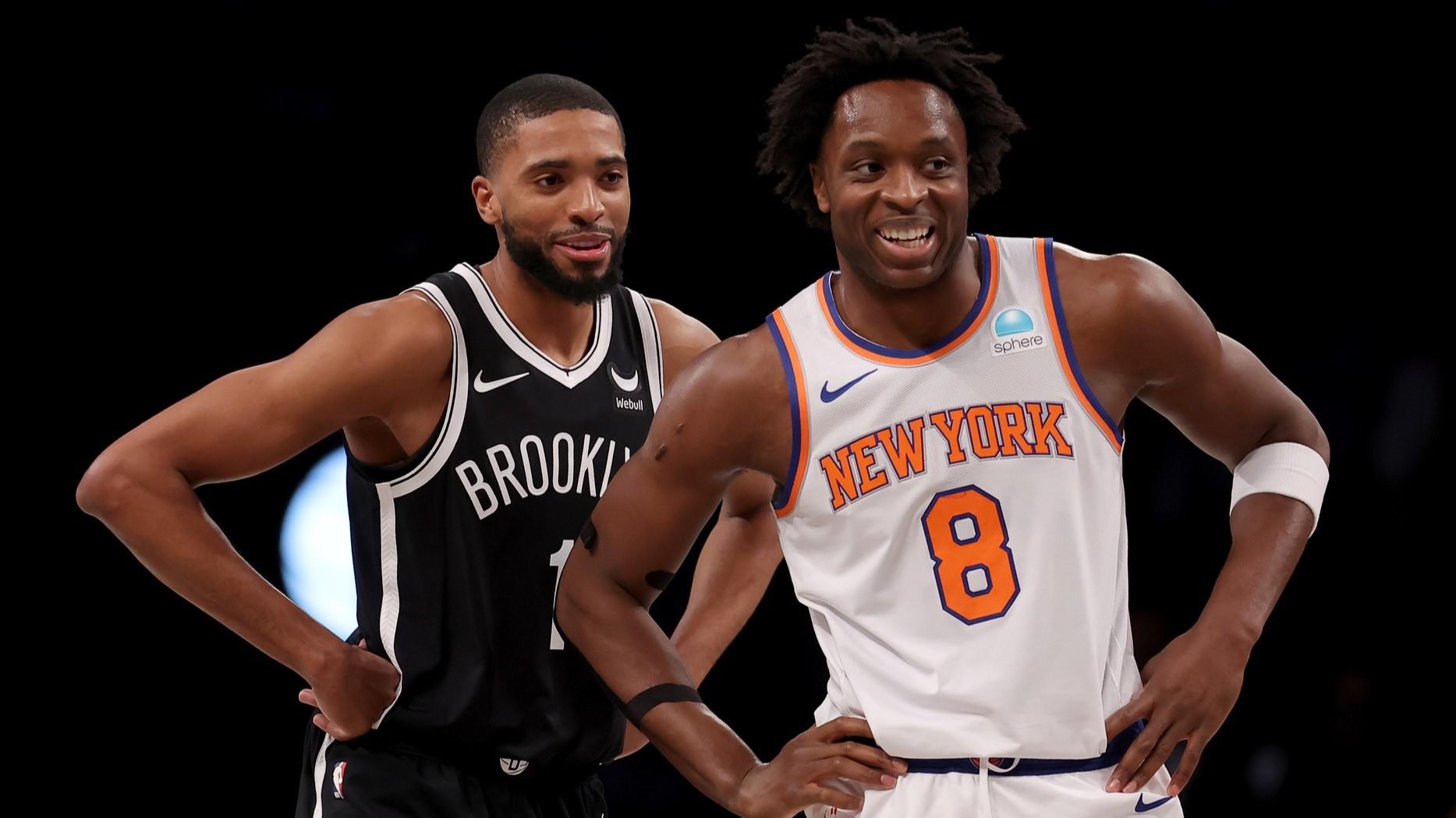 Jan 23, 2024; Brooklyn, New York, USA; Brooklyn Nets forward Mikal Bridges (1) and New York Knicks forward OG Anunoby (8) talk during the first quarter at Barclays Center. / Brad Penner-USA TODAY Sports