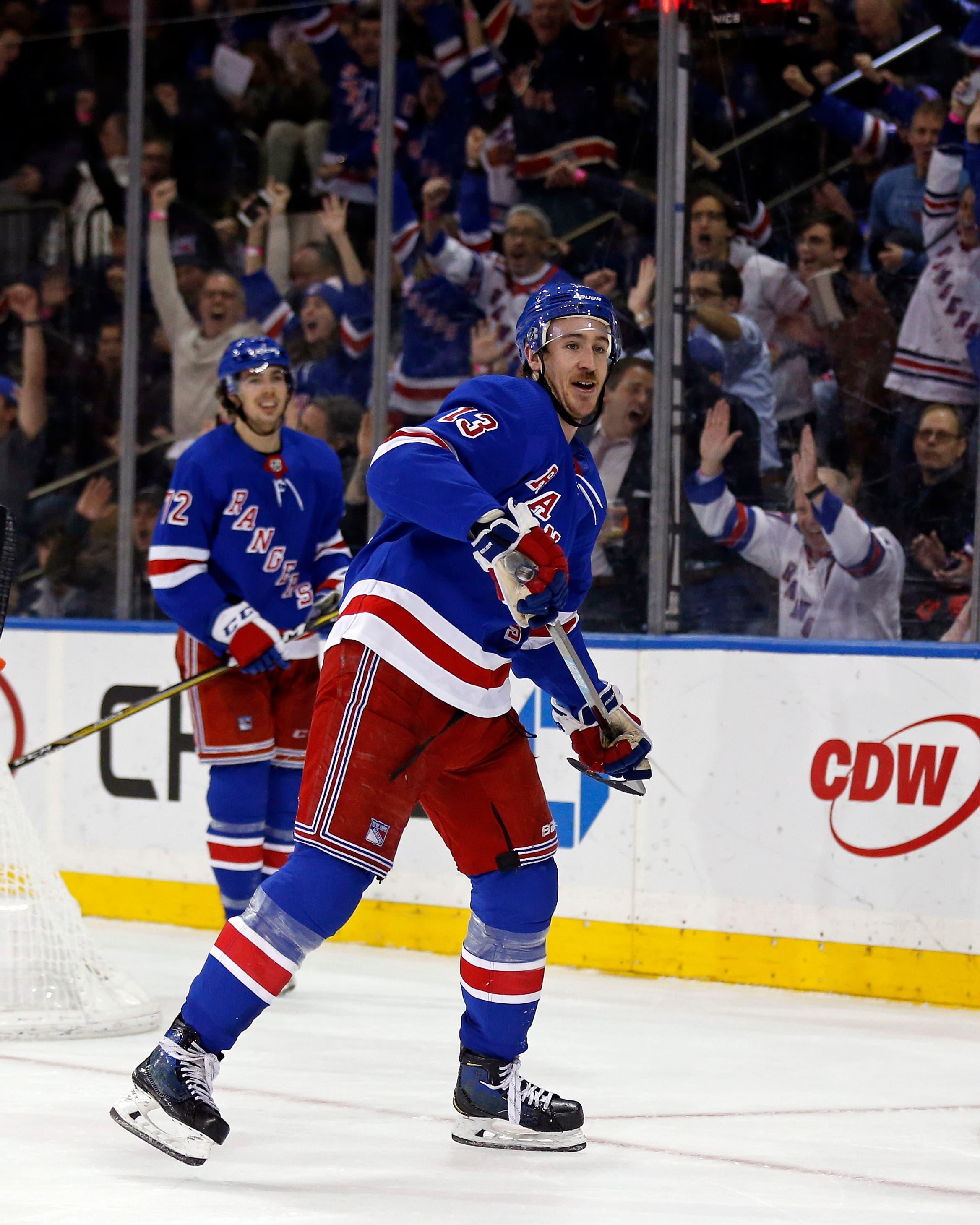 New York Rangers center Kevin Hayes reacts after scoring a goal against the New York Islanders during the second period at Madison Square Garden. / Adam Hunger/USA TODAY Sports