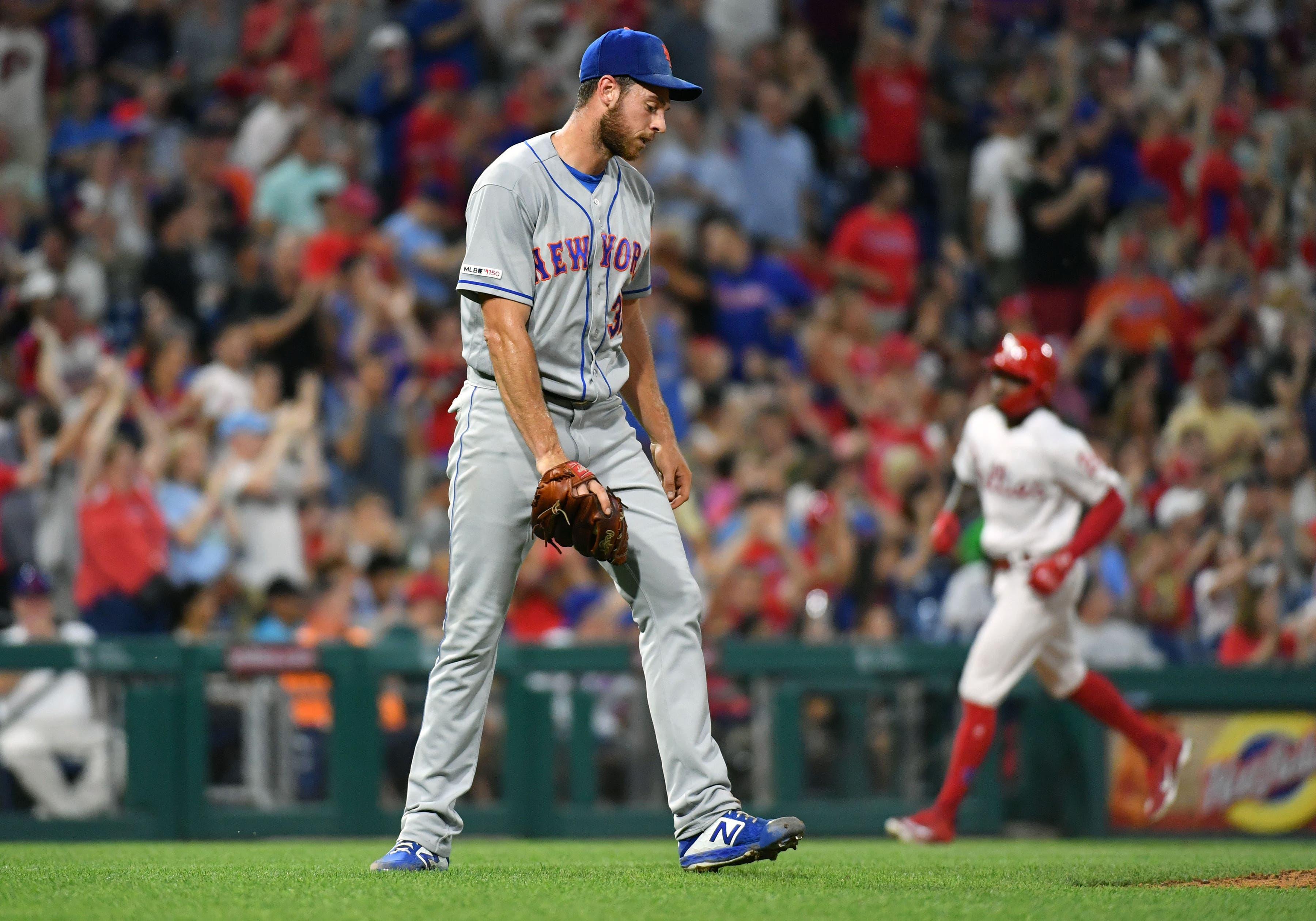 Jun 24, 2019; Philadelphia, PA, USA; New York Mets starting pitcher Steven Matz (32) reacts after allowing two-run home run to Philadelphia Phillies third baseman Maikel Franco (7) (not pictured) during the fifth inning at Citizens Bank Park. Mandatory Credit: Eric Hartline-USA TODAY Sports / Eric Hartline