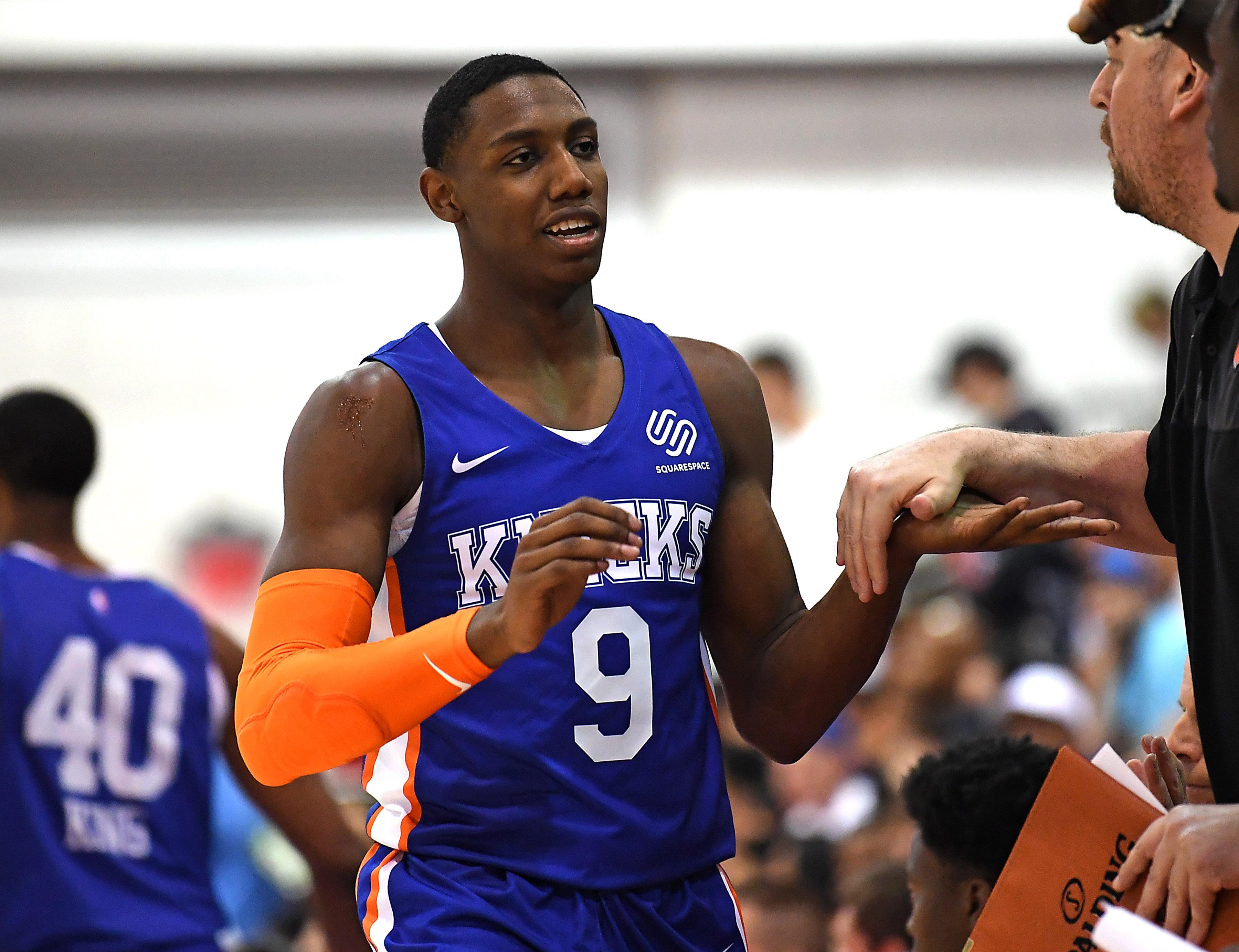 Jul 13, 2019; Las Vegas, NV, USA; New York Knicks forward RJ Barrett (9) returns to the bench during the second half of an NBA Summer League game against the Washington Wizards at Cox Pavilion. Mandatory Credit: Stephen R. Sylvanie-USA TODAY Sports