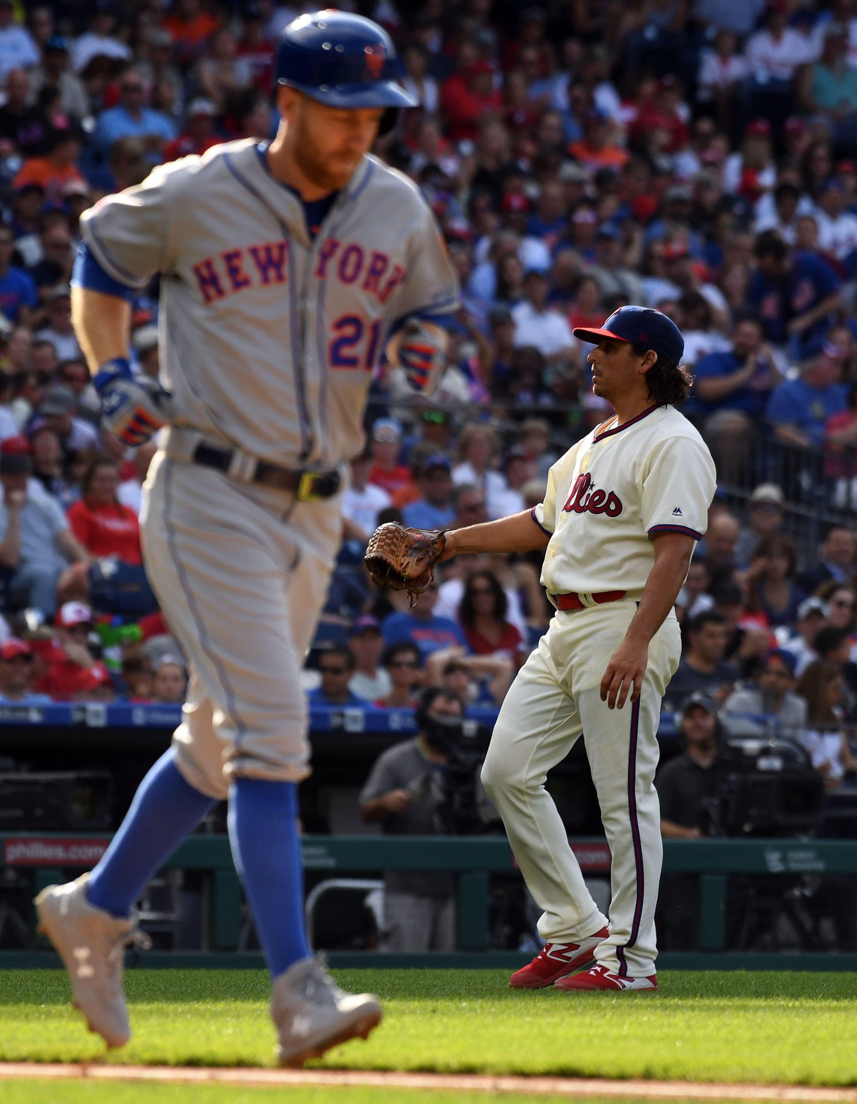 Aug 31, 2019; Philadelphia, PA, USA; Philadelphia Phillies starting pitcher Jason Vargas (44) looks on after hitting New York Mets third baseman Todd Frazier (21) with a pitch in the third inning at Citizens Bank Park. Mandatory Credit: James Lang-USA TODAY Sports / James Lang