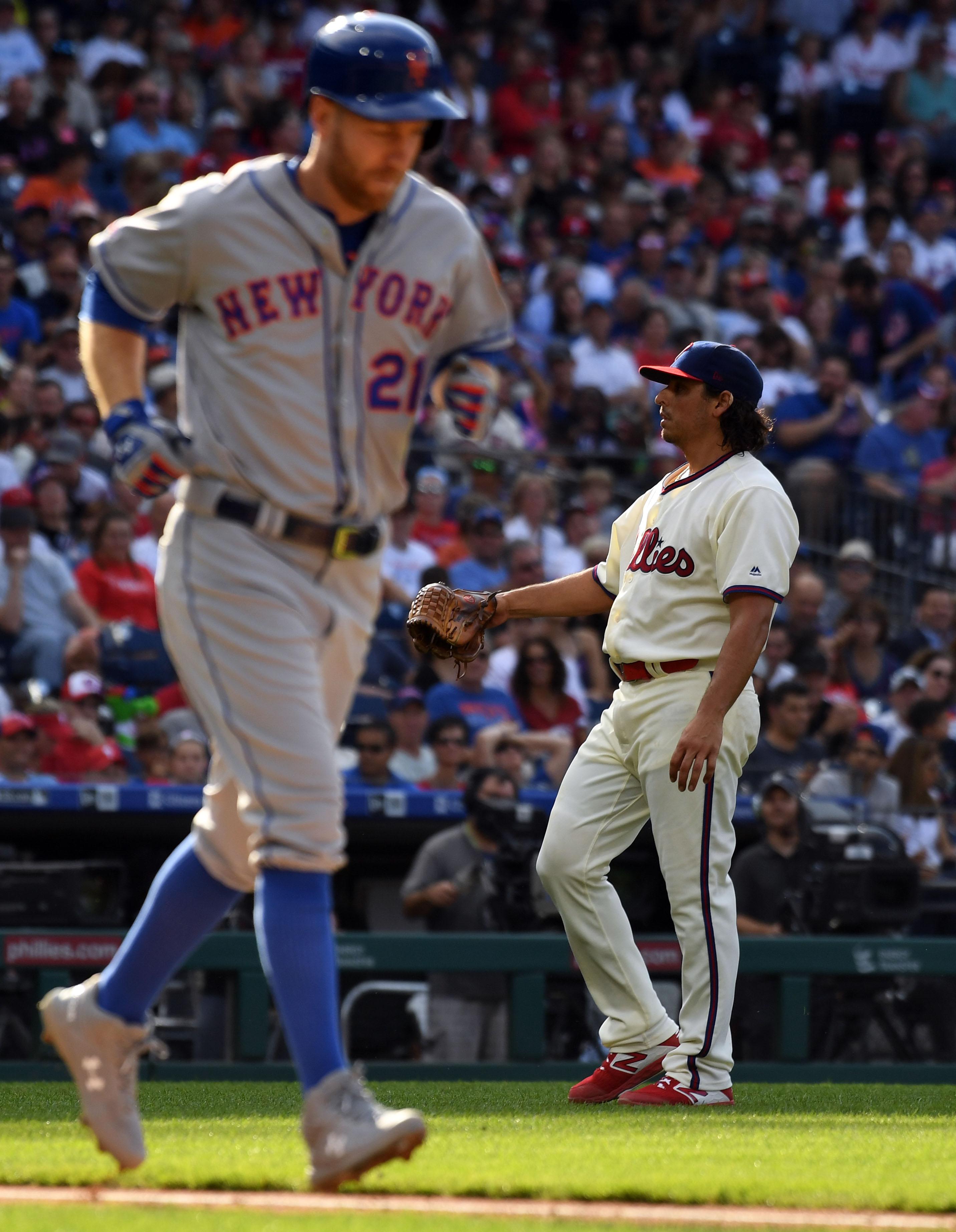 Aug 31, 2019; Philadelphia, PA, USA; Philadelphia Phillies starting pitcher Jason Vargas (44) looks on after hitting New York Mets third baseman Todd Frazier (21) with a pitch in the third inning at Citizens Bank Park. Mandatory Credit: James Lang-USA TODAY Sports