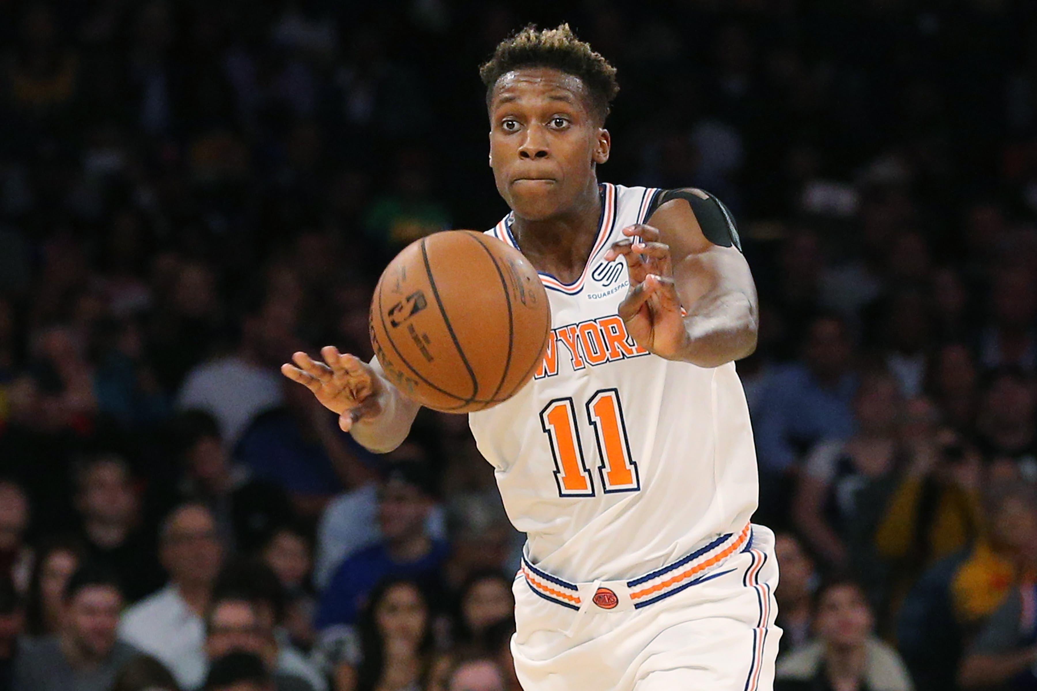 Oct 26, 2018; New York, NY, USA; New York Knicks guard Frank Ntilikina (11) passes the ball against the Golden State Warriors during the third quarter at Madison Square Garden. Mandatory Credit: Brad Penner-USA TODAY Sports / Brad Penner