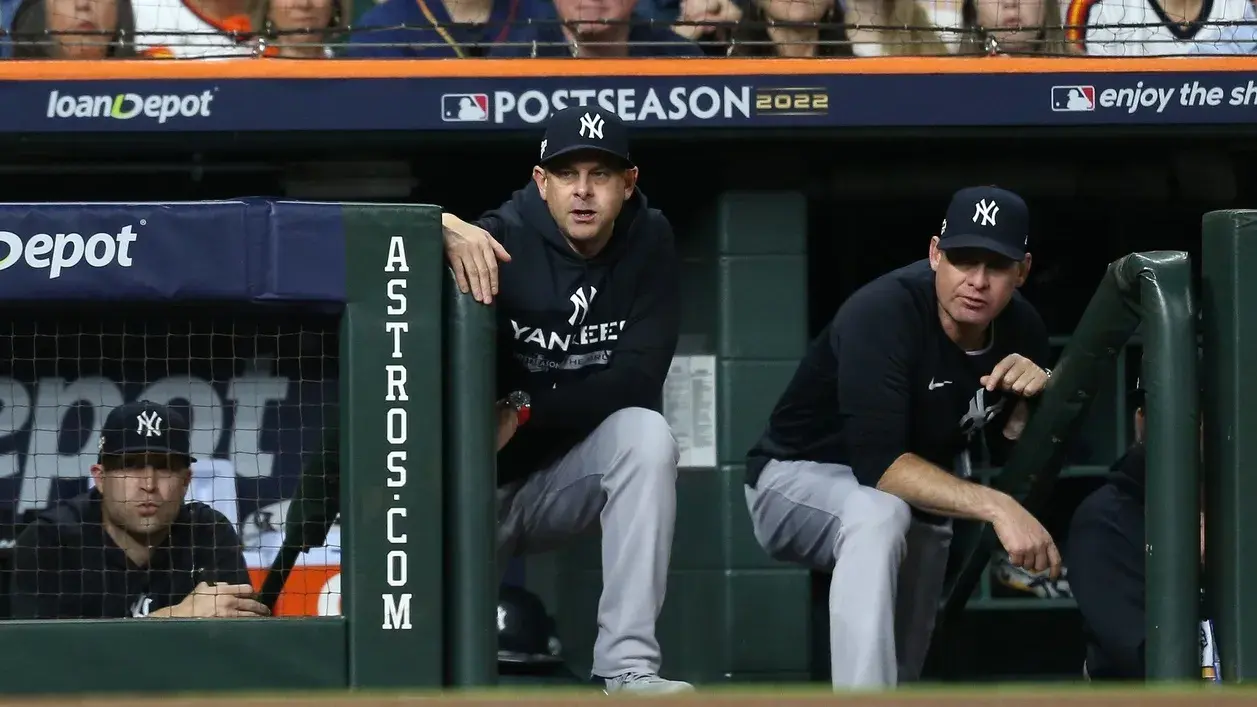 New York Yankees manager Aaron Boone looks on from the dugout during the second inning against the Houston Astros. / Thomas Shea-USA TODAY Sports