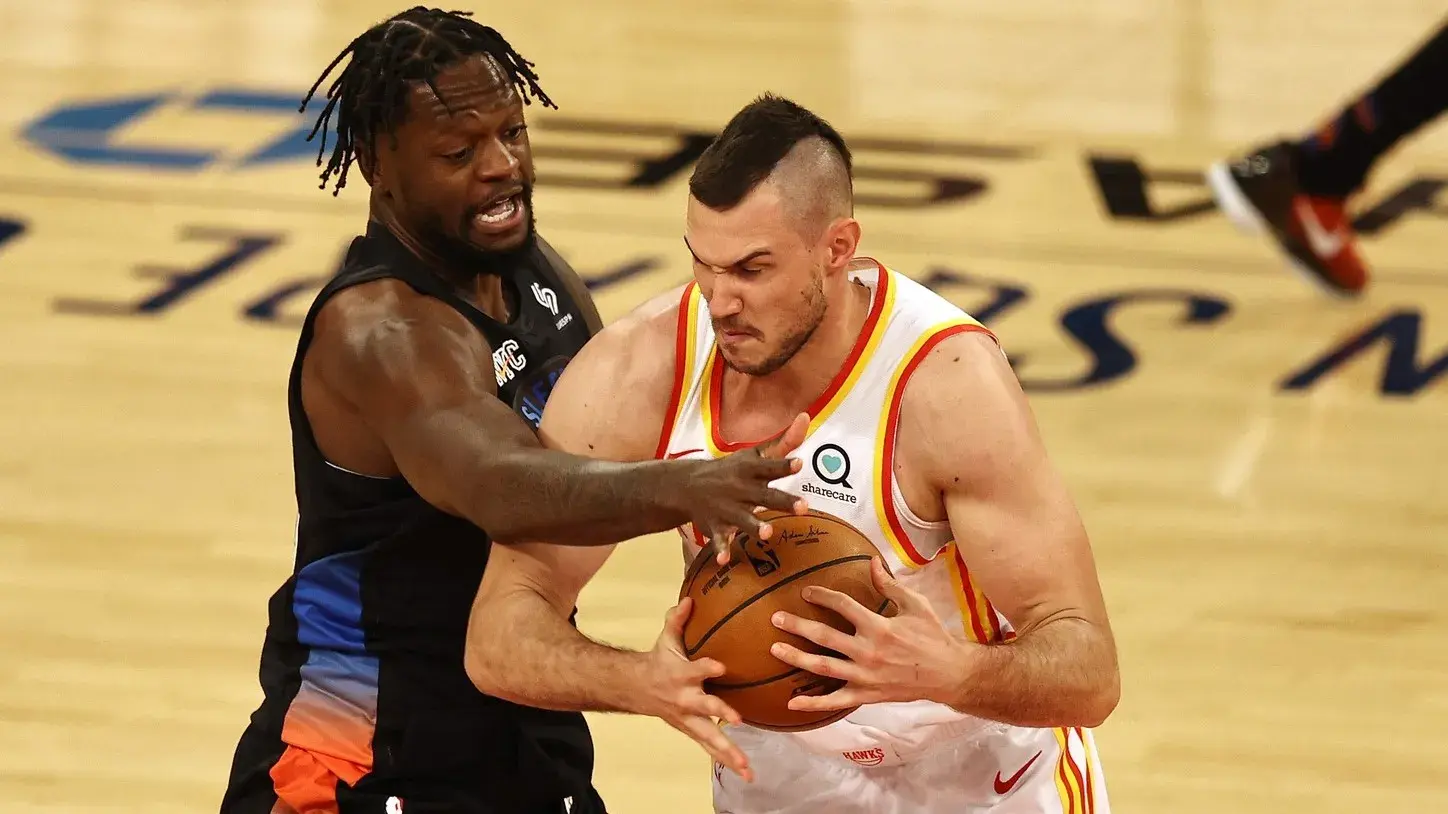 May 26, 2021; New York, New York, USA; Atlanta Hawks forward Danilo Gallinari (8) moves the ball against New York Knicks forward Julius Randle (30) during the first half at Madison Square Garden. / Elsa/POOL PHOTOS-USA TODAY Sports