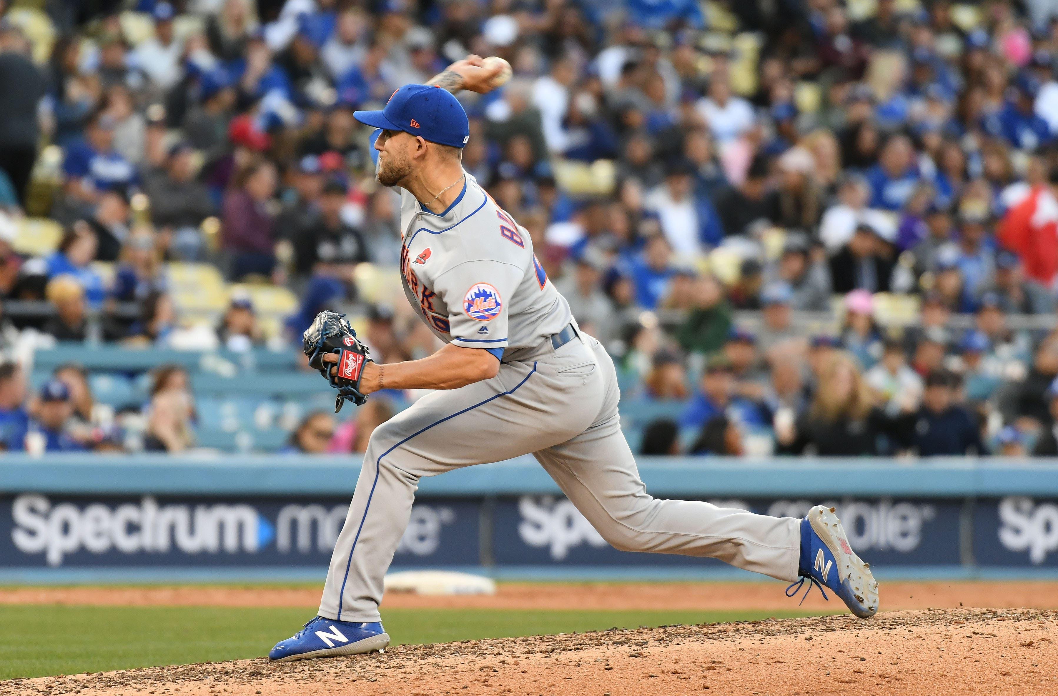 May 27, 2019; Los Angeles, CA, USA; New York Mets relief pitcher Tyler Bashlor (49) pitches against the Los Angeles Dodgers in the sixth inning at Dodger Stadium. Mandatory Credit: Richard Mackson-USA TODAY Sports / Richard Mackson