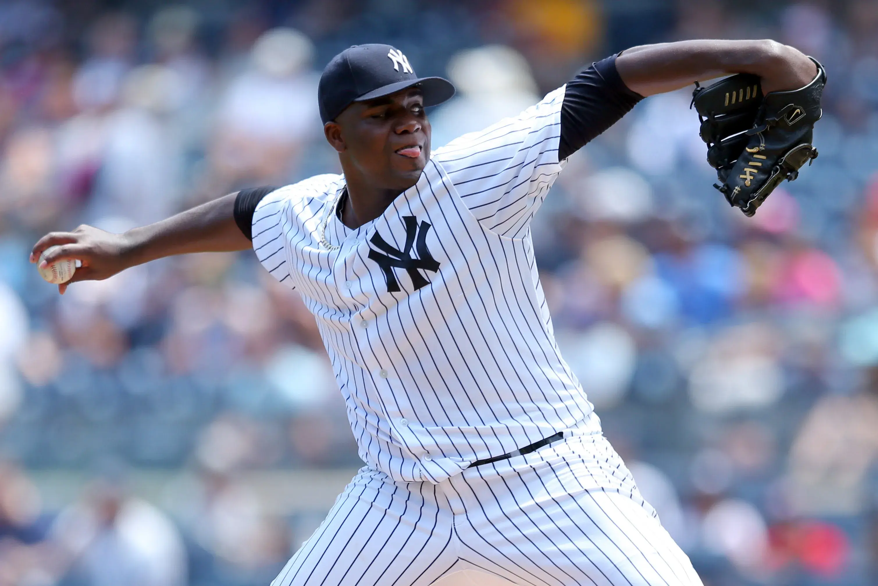 Jul 5, 2017; Bronx, NY, USA; New York Yankees starting pitcher Michael Pineda (35) pitches against the Toronto Blue Jays during the first inning at Yankee Stadium. Mandatory Credit: Brad Penner-USA TODAY Sports / Brad Penner-USA TODAY Sports