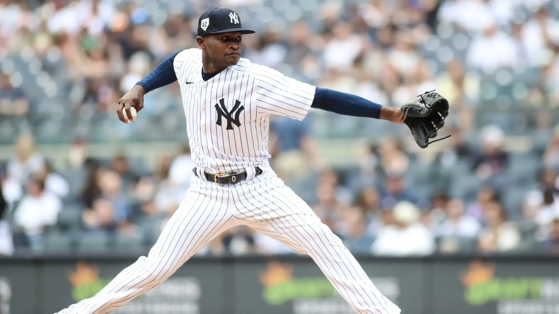 Apr 15, 2023; Bronx, New York, USA; New York Yankees starting pitcher Domingo German pitches in the first inning against the Minnesota Twins at Yankee Stadium. / Wendell Cruz-USA TODAY Sports
