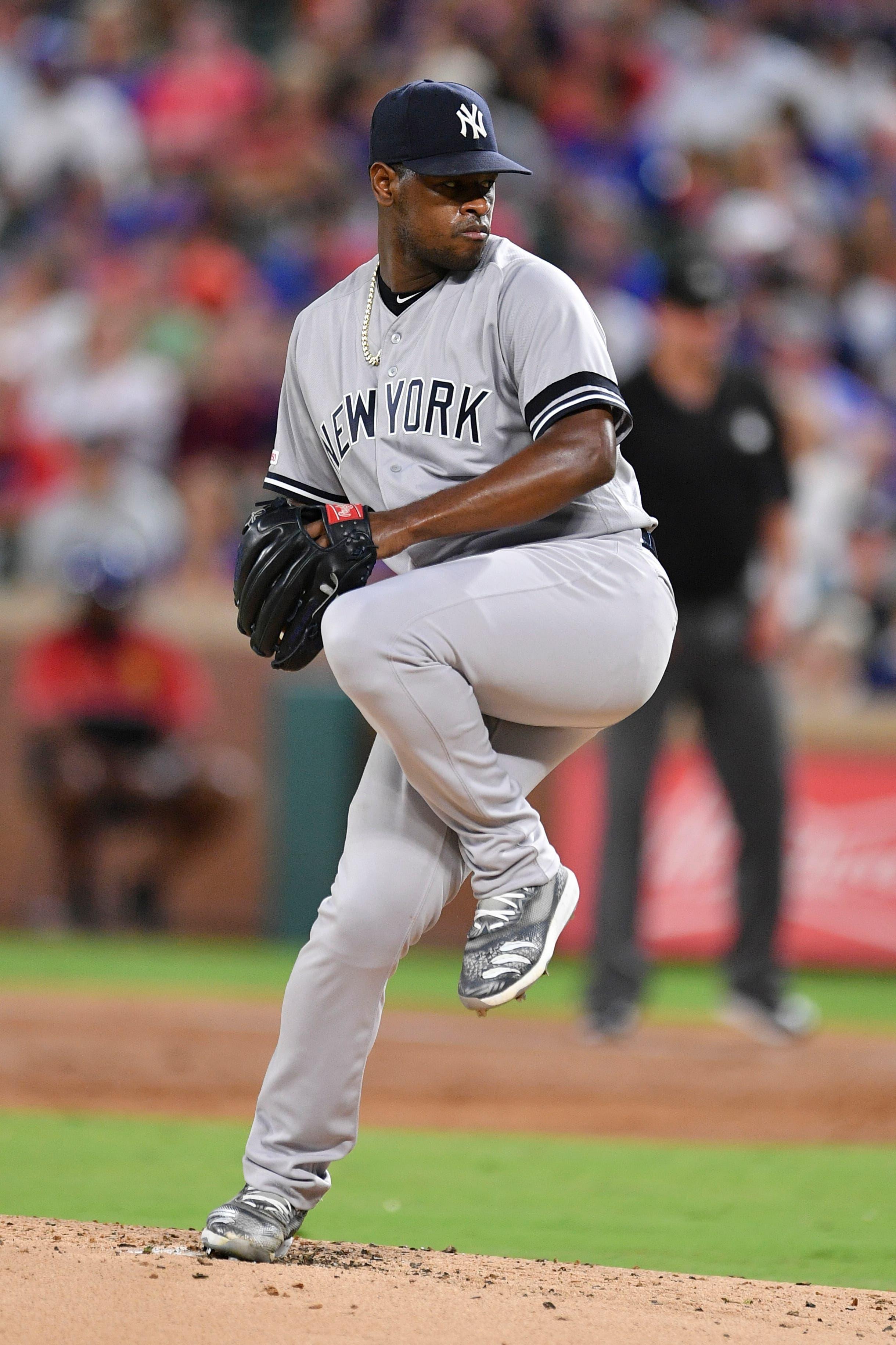 Sep 28, 2019; Arlington, TX, USA; New York Yankees starting pitcher Luis Severino (40) pitches during the first inning against the Texas Rangers at Globe Life Park in Arlington. Mandatory Credit: Shane Roper-USA TODAY Sports / Shane Roper