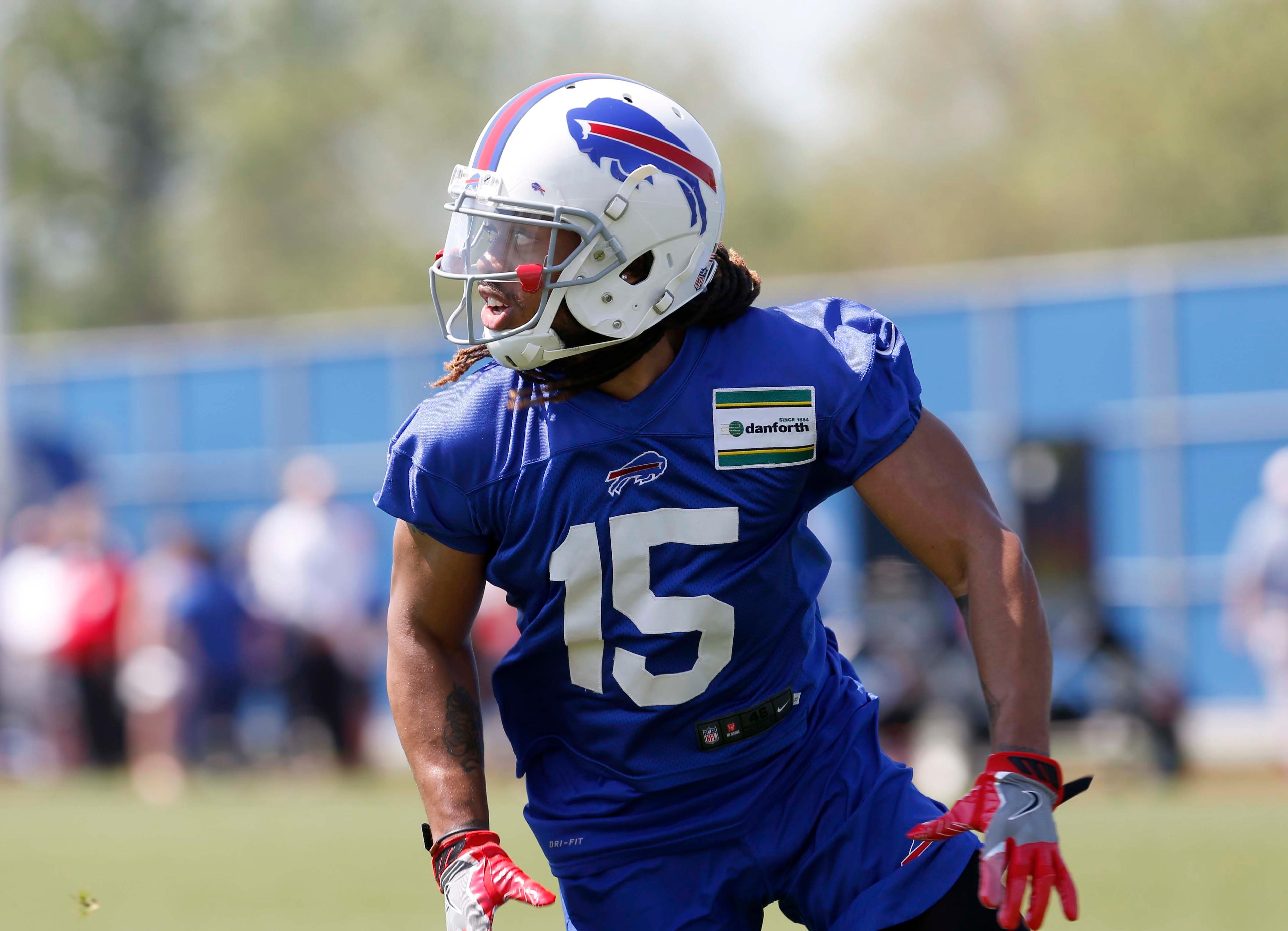 May 24, 2018; Orchard Park, NY, USA; Buffalo Bills wide receiver Kaelin Clay (15) during OTA's at the ADPRO Sports Fieldhouse. Mandatory Credit: Timothy T. Ludwig-USA TODAY Sports