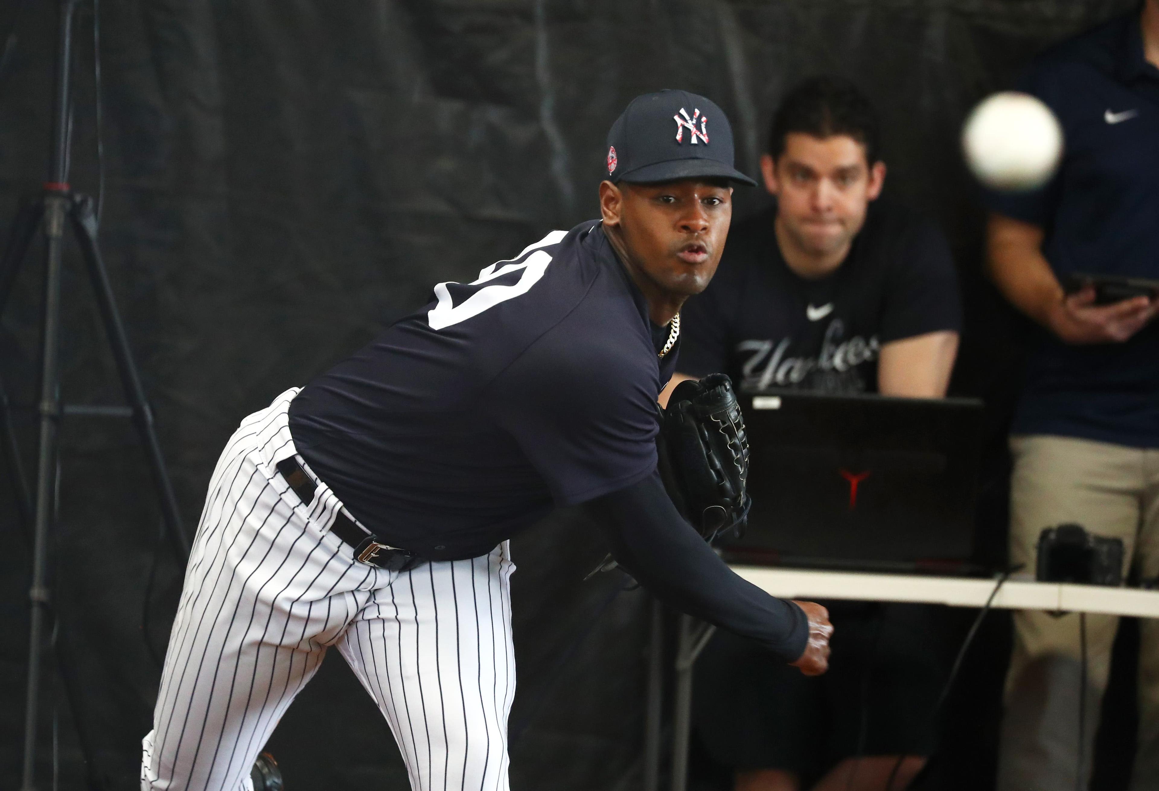 Feb 13, 2020; Tampa, Florida, USA; New York Yankees starting pitcher Luis Severino (40) throws a bullpen session during spring training at George M. Steinbrenner Field. Mandatory Credit: Kim Klement-USA TODAY Sports / Kim Klement