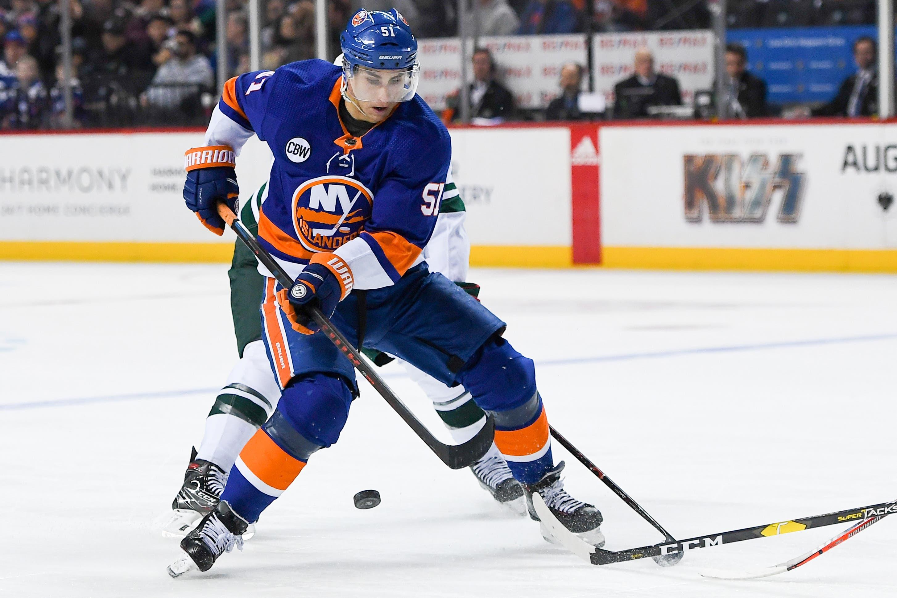 Feb 10, 2019; Brooklyn, NY, USA; New York Islanders center Valtteri Filppula (51) skates with the puck against the Minnesota Wild during the second period at Barclays Center. Mandatory Credit: Dennis Schneidler-USA TODAY Sports / Dennis Schneidler