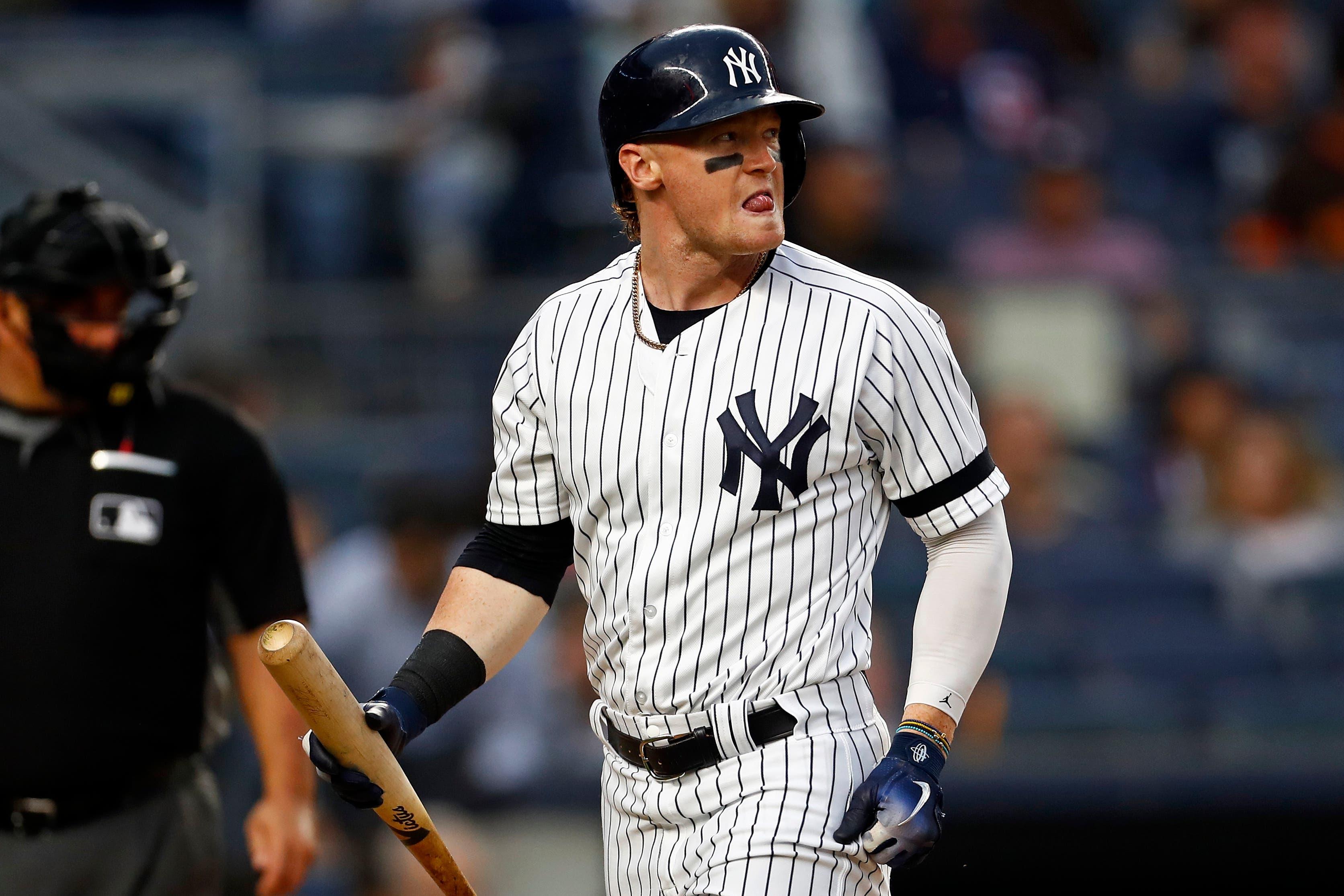 New York Yankees left fielder Clint Frazier reacts after striking out against the San Diego Padres during the second inning at Yankee Stadium. / Adam Hunger/USA TODAY Sports