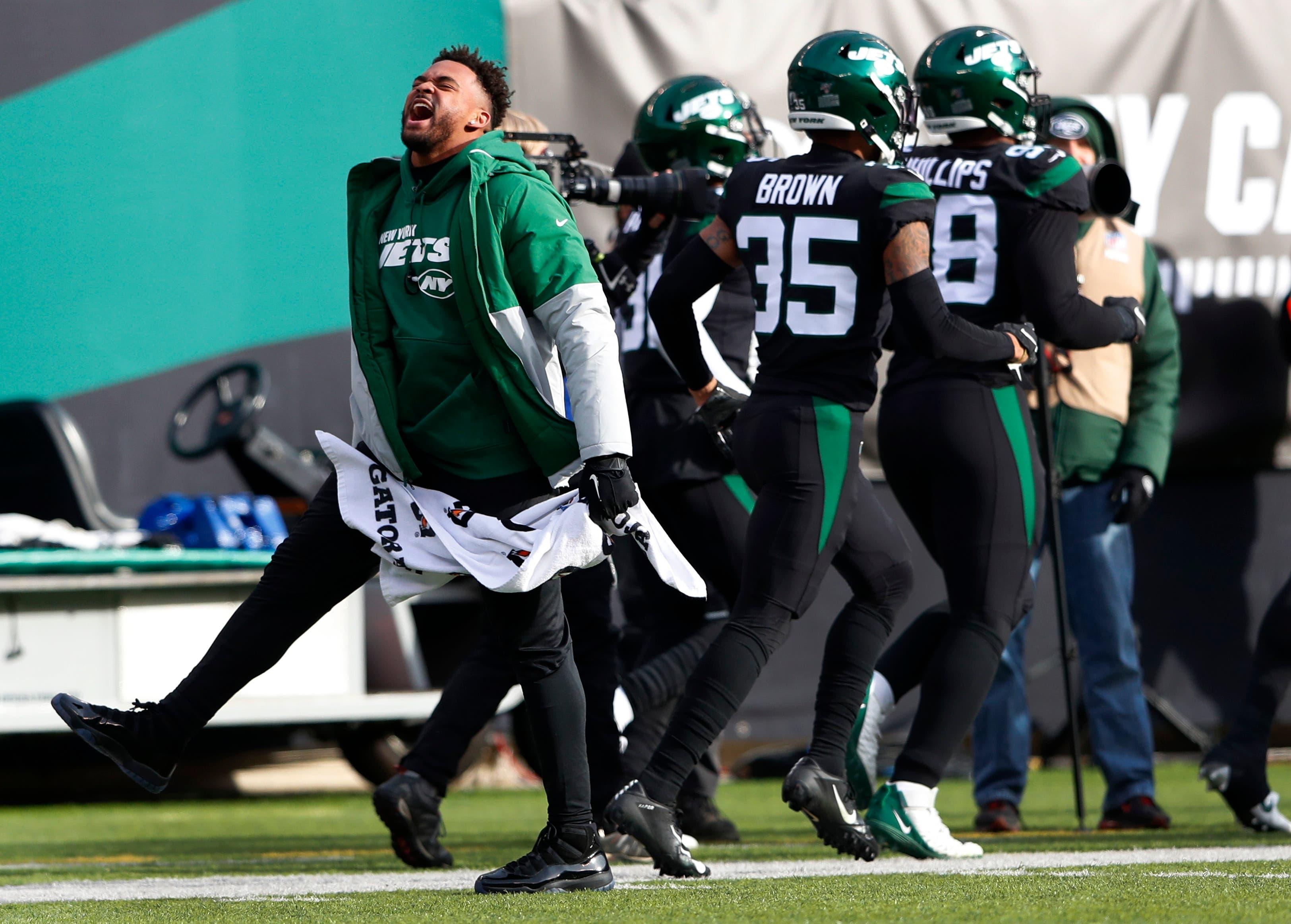 Dec 8, 2019; East Rutherford, NJ, USA; Jamal Adams reacts after the New York Jets intercepted a pass against the Miami Dolphins during the first half at MetLife Stadium. Mandatory Credit: Noah K. Murray-USA TODAY Sports / Noah K. Murray