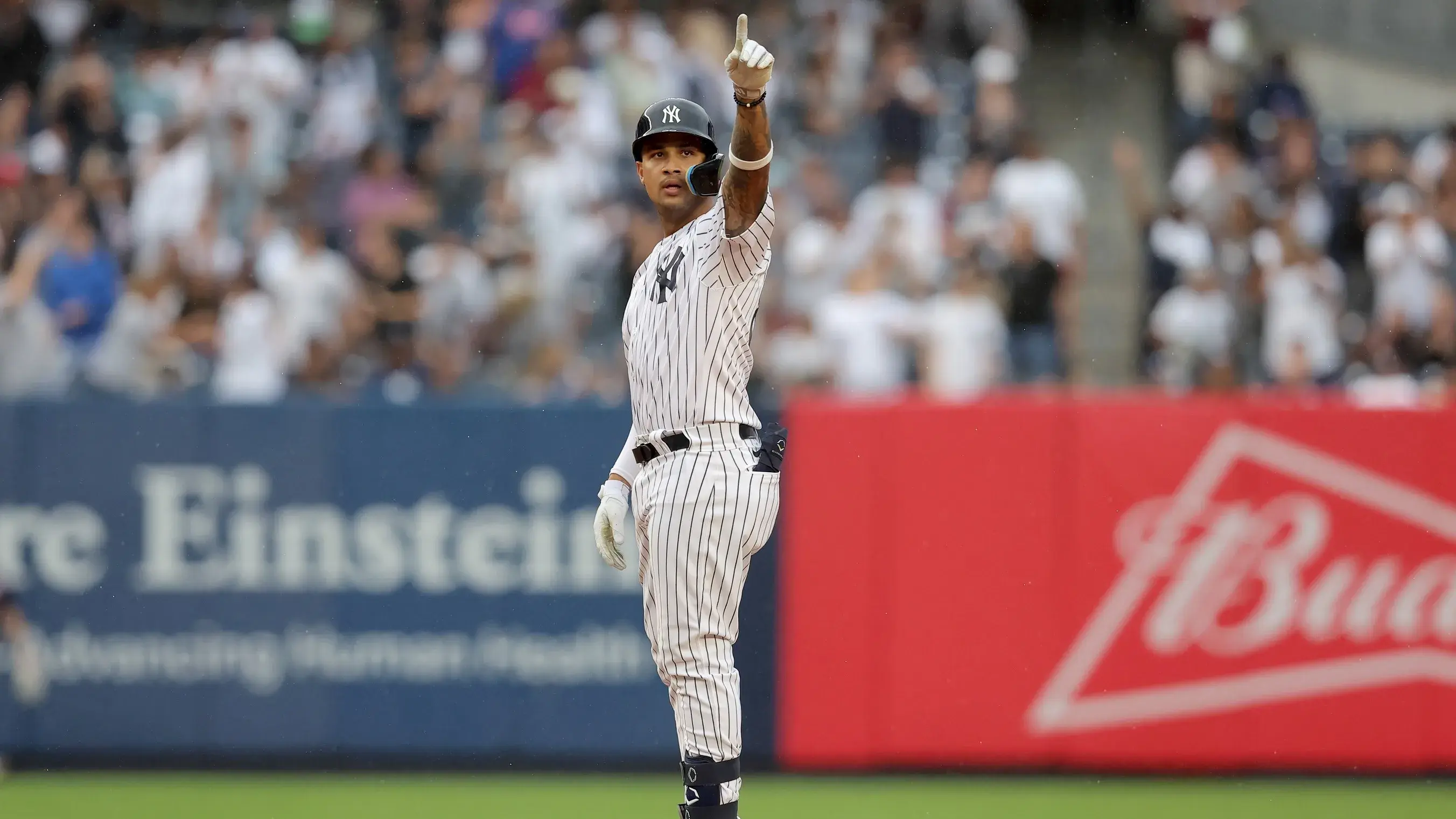 Aug 24, 2023; Bronx, New York, USA; New York Yankees left fielder Everson Pereira (80) reacts after hitting a double against the Washington Nationals during the eighth inning at Yankee Stadium. The hit was the first of his major league career. / Brad Penner-USA TODAY Sports