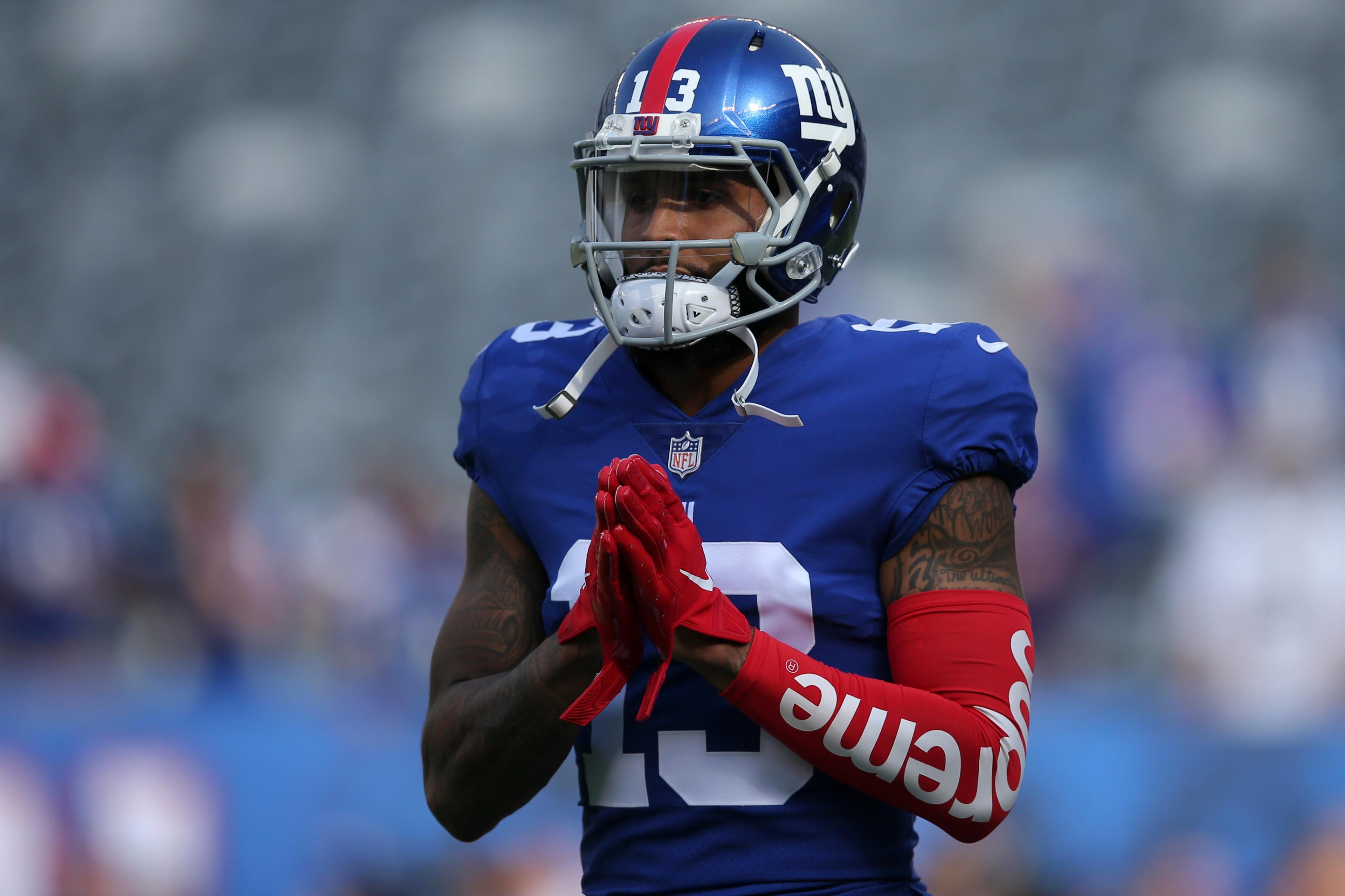 Sep 30, 2018; East Rutherford, NJ, USA; New York Giants wide receiver Odell Beckham Jr. (13) dances before a game against New Orleans Saints at MetLife Stadium. Mandatory Credit: Brad Penner-USA TODAY Sports / Brad Penner