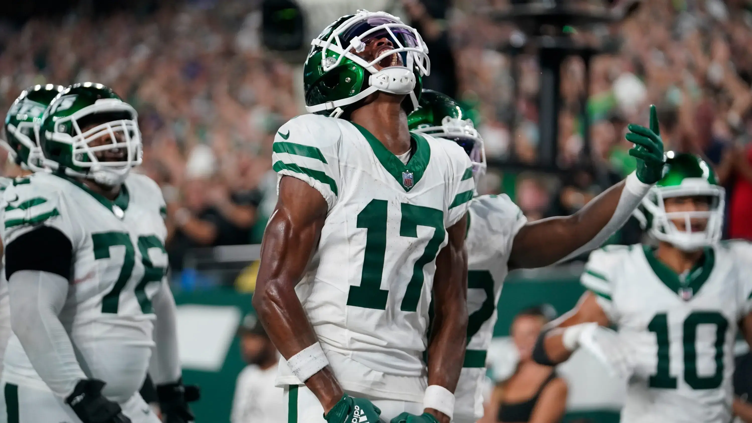 New York Jets wide receiver Garrett Wilson (17) celebrates his touchdown catch in the second half. The Jets defeat the Bills in overtime, 22-16, in the home opener at MetLife Stadium on Monday, Sept. 11, 2023, in East Rutherford. / Danielle Parhizkaran/NorthJersey.com / USA TODAY NETWORK