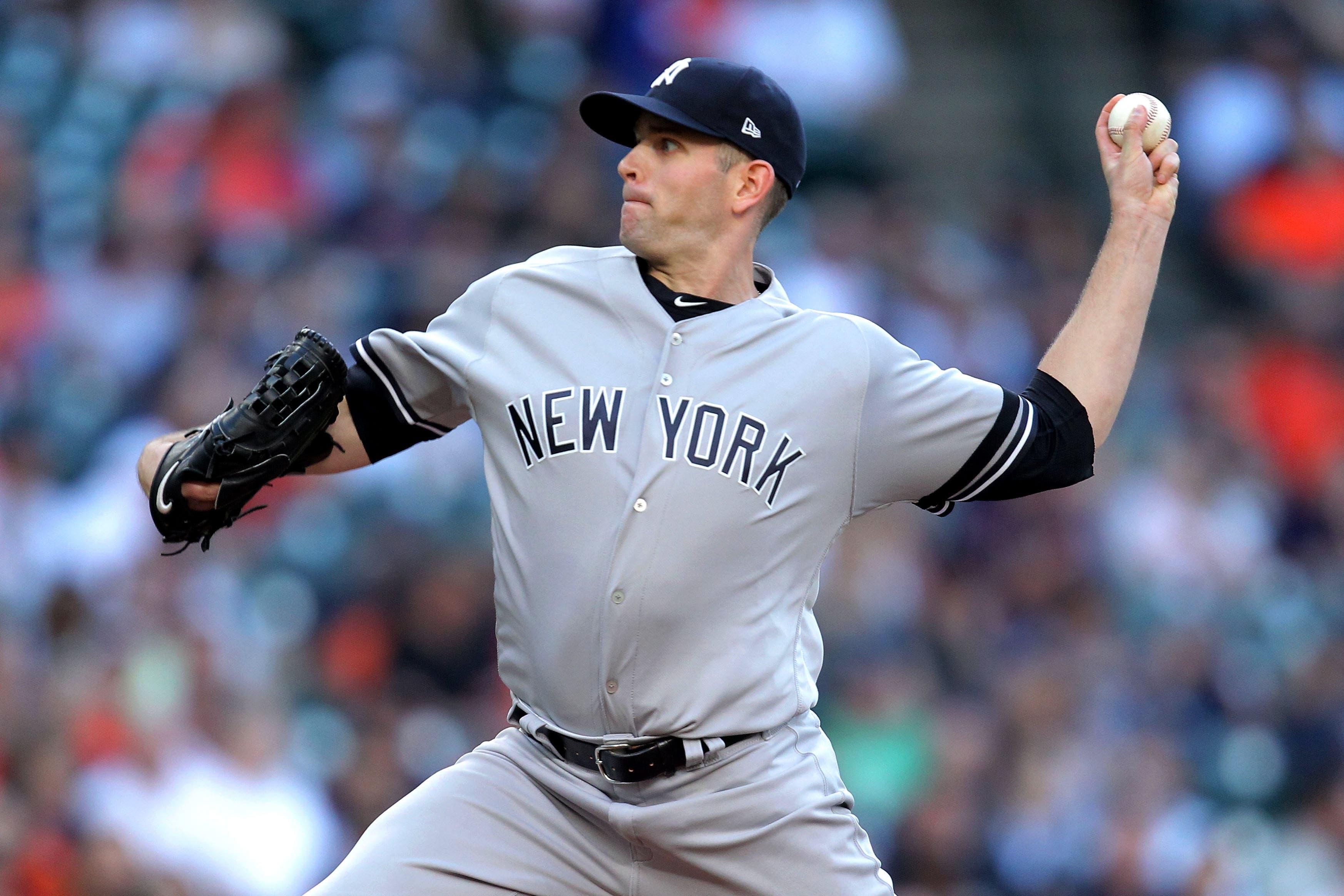 Apr 10, 2019; Houston, TX, USA; New York Yankees starting pitcher James Paxton (65) delivers a pitch against the Houston Astros during the first inning at Minute Maid Park. Mandatory Credit: Erik Williams-USA TODAY Sports / Erik Williams