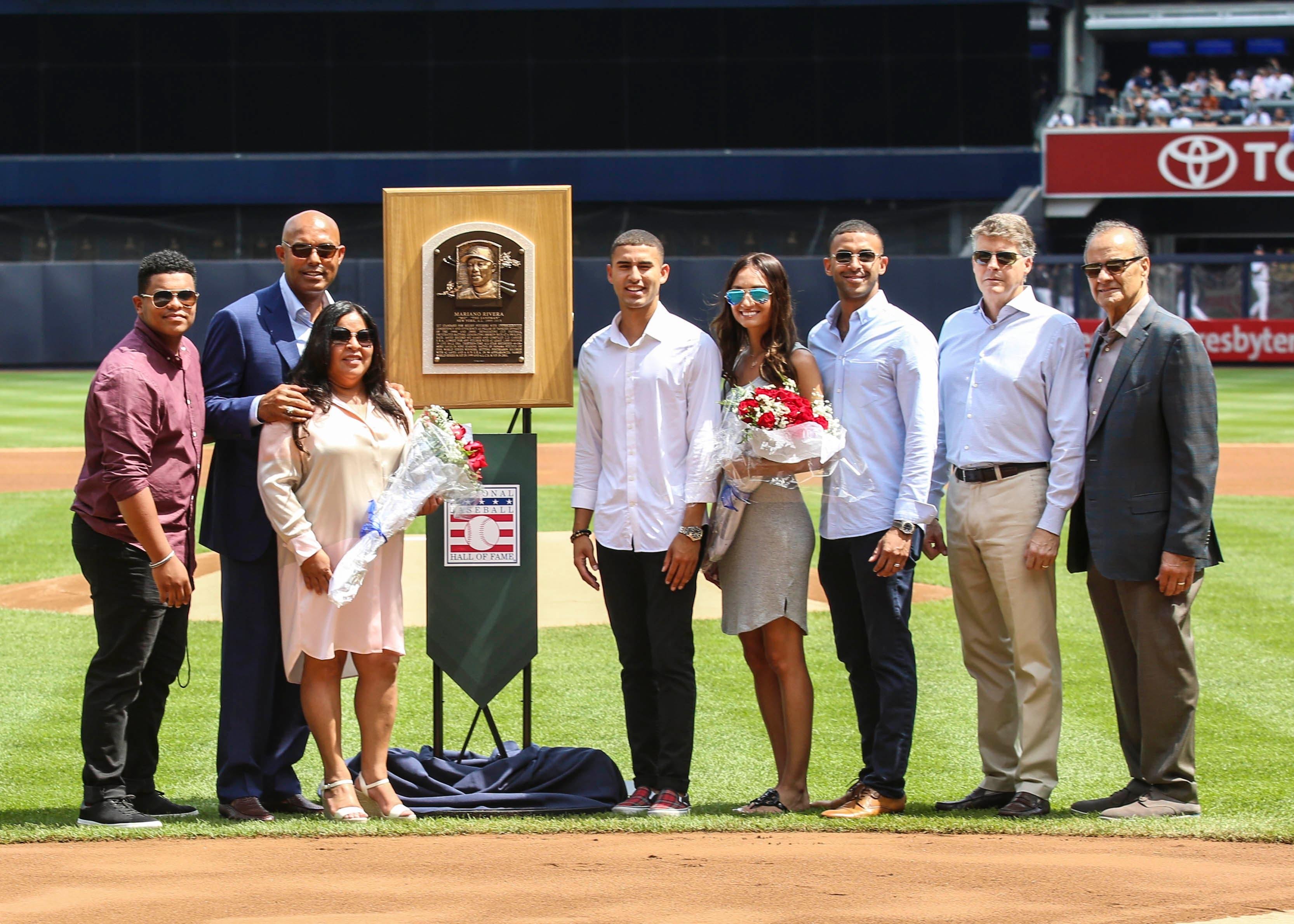 Aug 17, 2019; Bronx, NY, USA; Former New York Yankees pitcher Mariano Rivera is honored for his Hall of Fame induction prior to the game against the Cleveland Indians at Yankee Stadium. Mandatory Credit: Wendell Cruz-USA TODAY Sports / Wendell Cruz