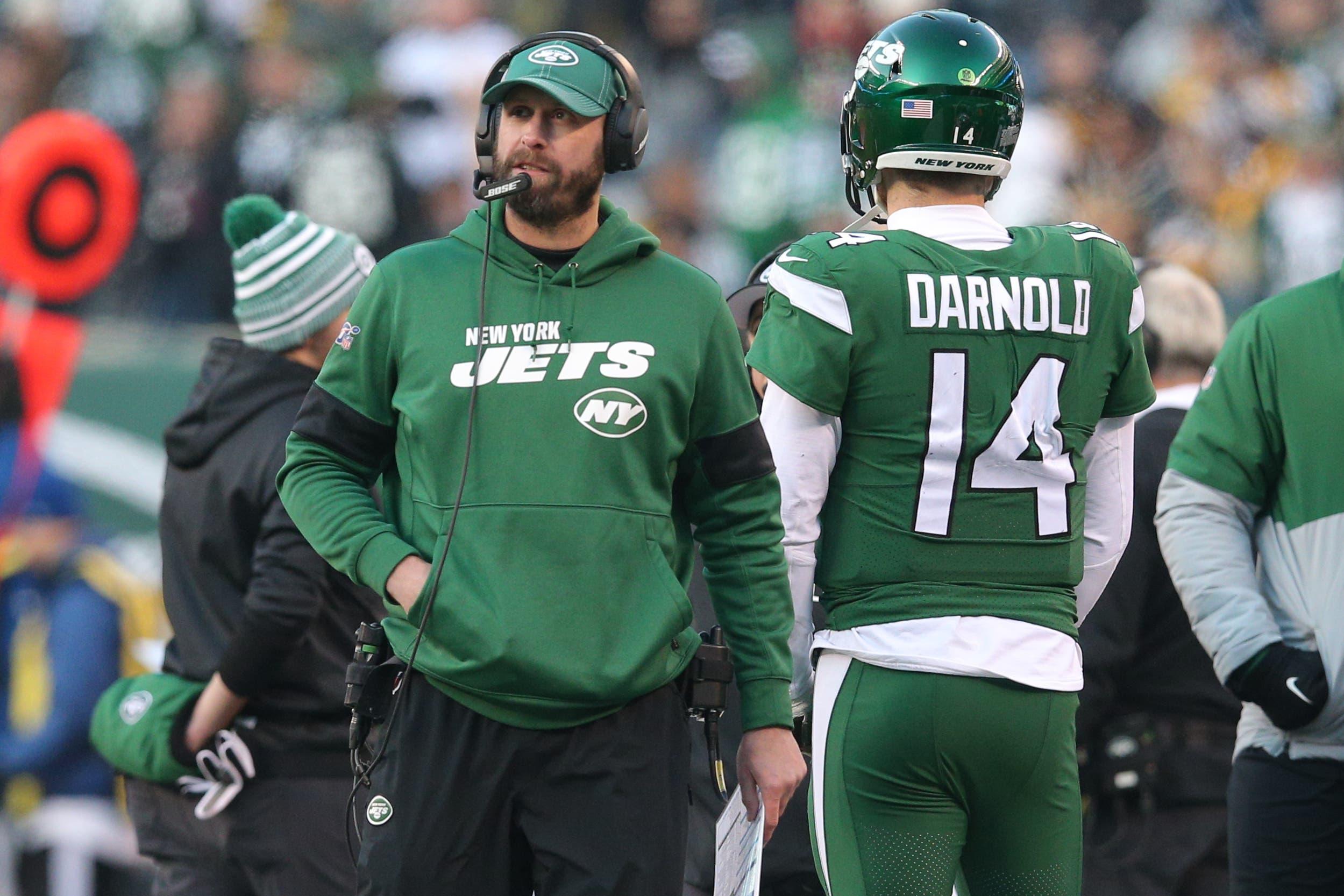 Dec 22, 2019; East Rutherford, New Jersey, USA; New York Jets head coach Adam Gase coaches against the Pittsburgh Steelers during the fourth quarter at MetLife Stadium. Mandatory Credit: Brad Penner-USA TODAY Sportsundefined