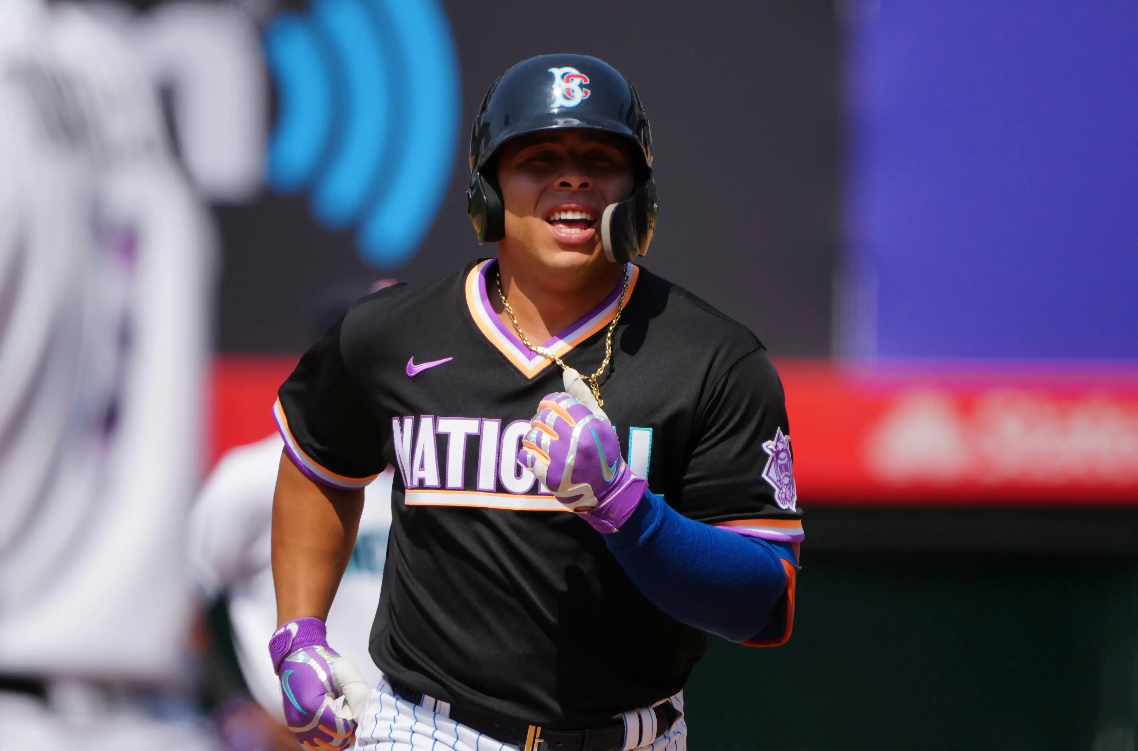 Jul 11, 2021; Denver, CO, USA; National League infielder Francisco Alvarez (30) rounds the bases after hitting a solo home run in the fifth inning against the American League of the 2021 MLB All Star Futures Game at Coors Field. Mandatory Credit: Ron Chenoy-USA TODAY Sports