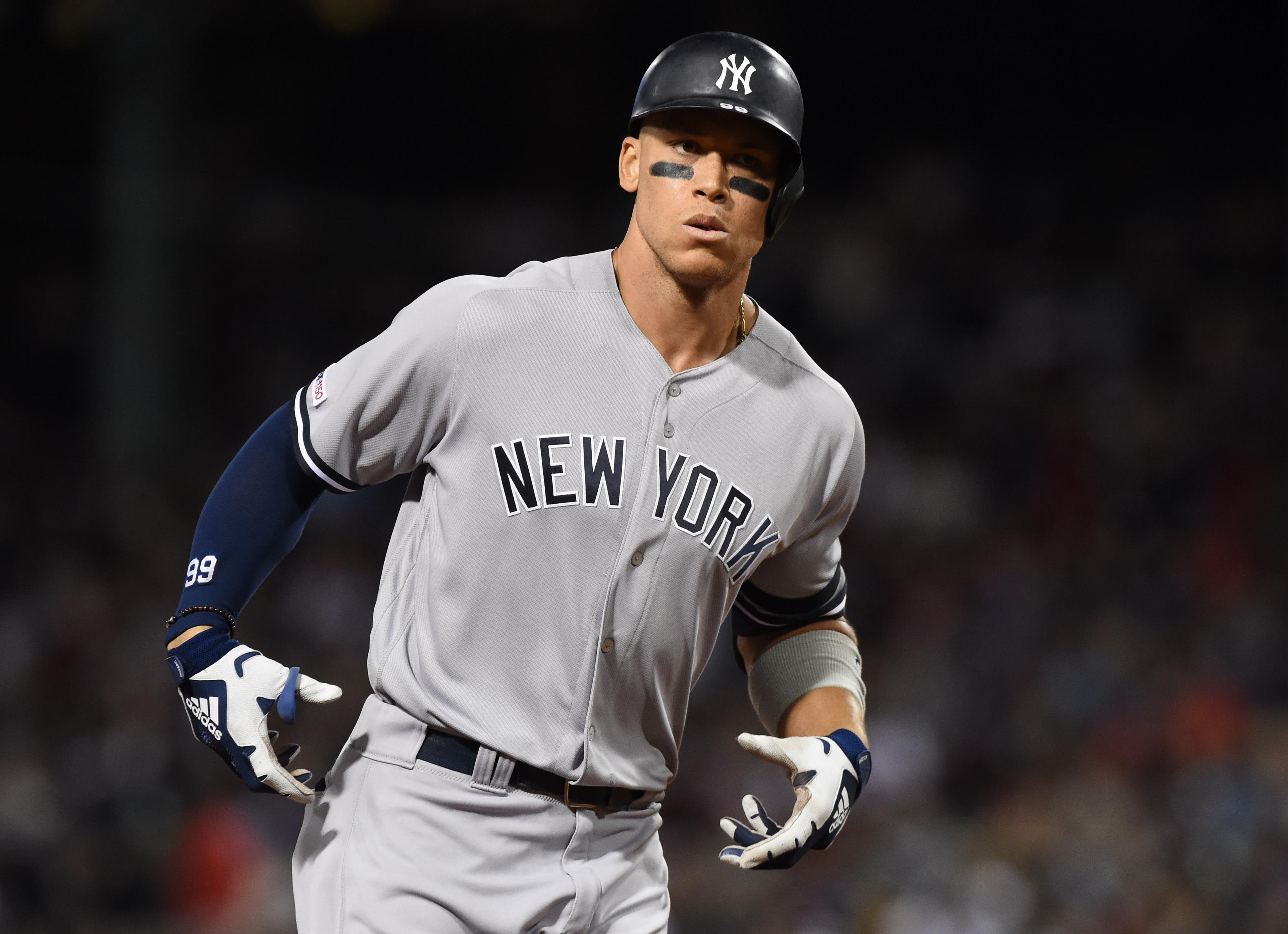 Sep 8, 2019; Boston, MA, USA; New York Yankees right fielder Aaron Judge (99) reacts after hitting a home run during the fifth inning against the Boston Red Sox at Fenway Park. Mandatory Credit: Bob DeChiara-USA TODAY Sports / Bob DeChiara