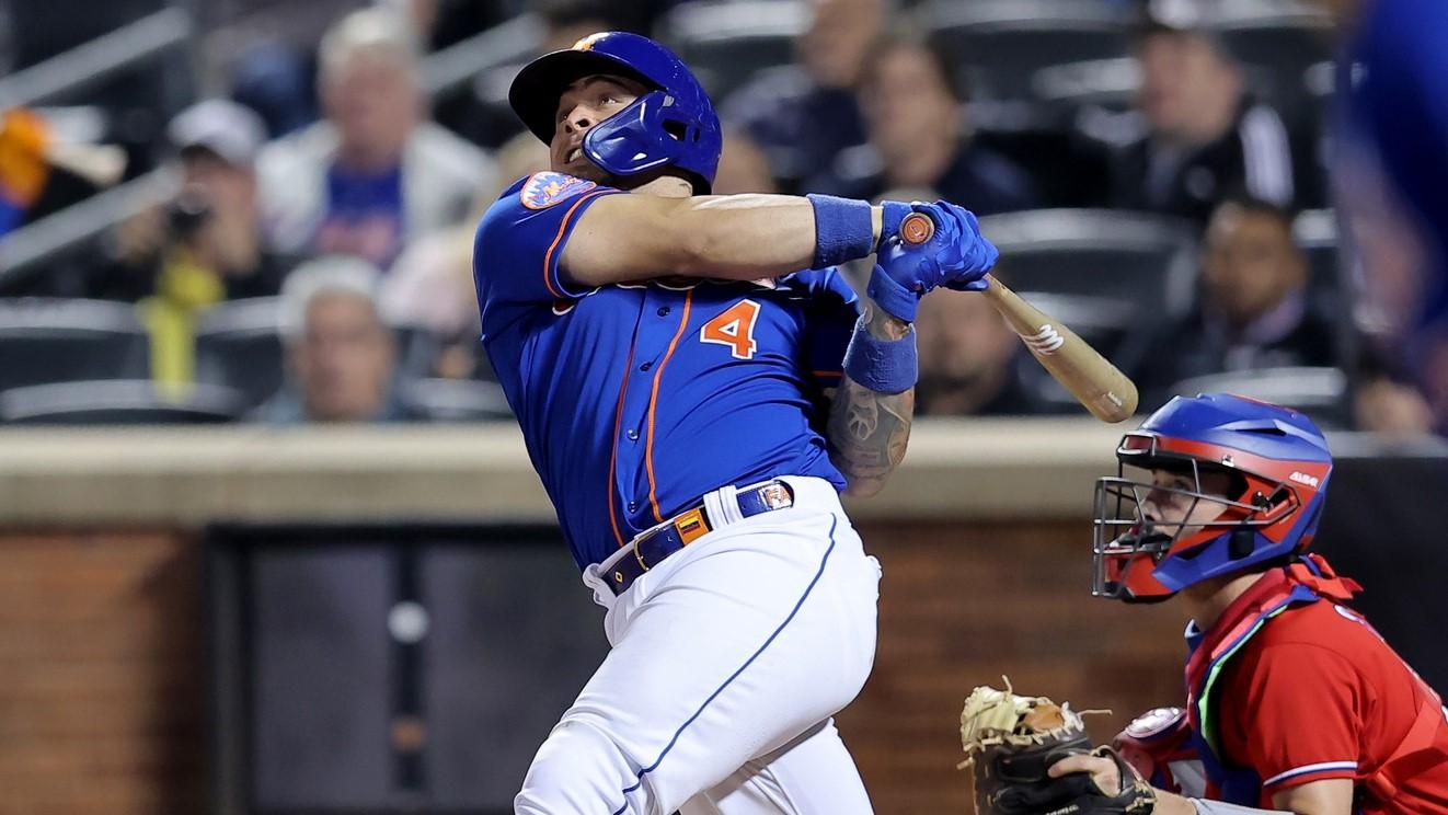 Sep 30, 2023; New York City, New York, USA; New York Mets catcher Francisco Alvarez (4) follows through on a grand slam home run against the Philadelphia Phillies during the third inning at Citi Field. / Brad Penner-USA TODAY Sports