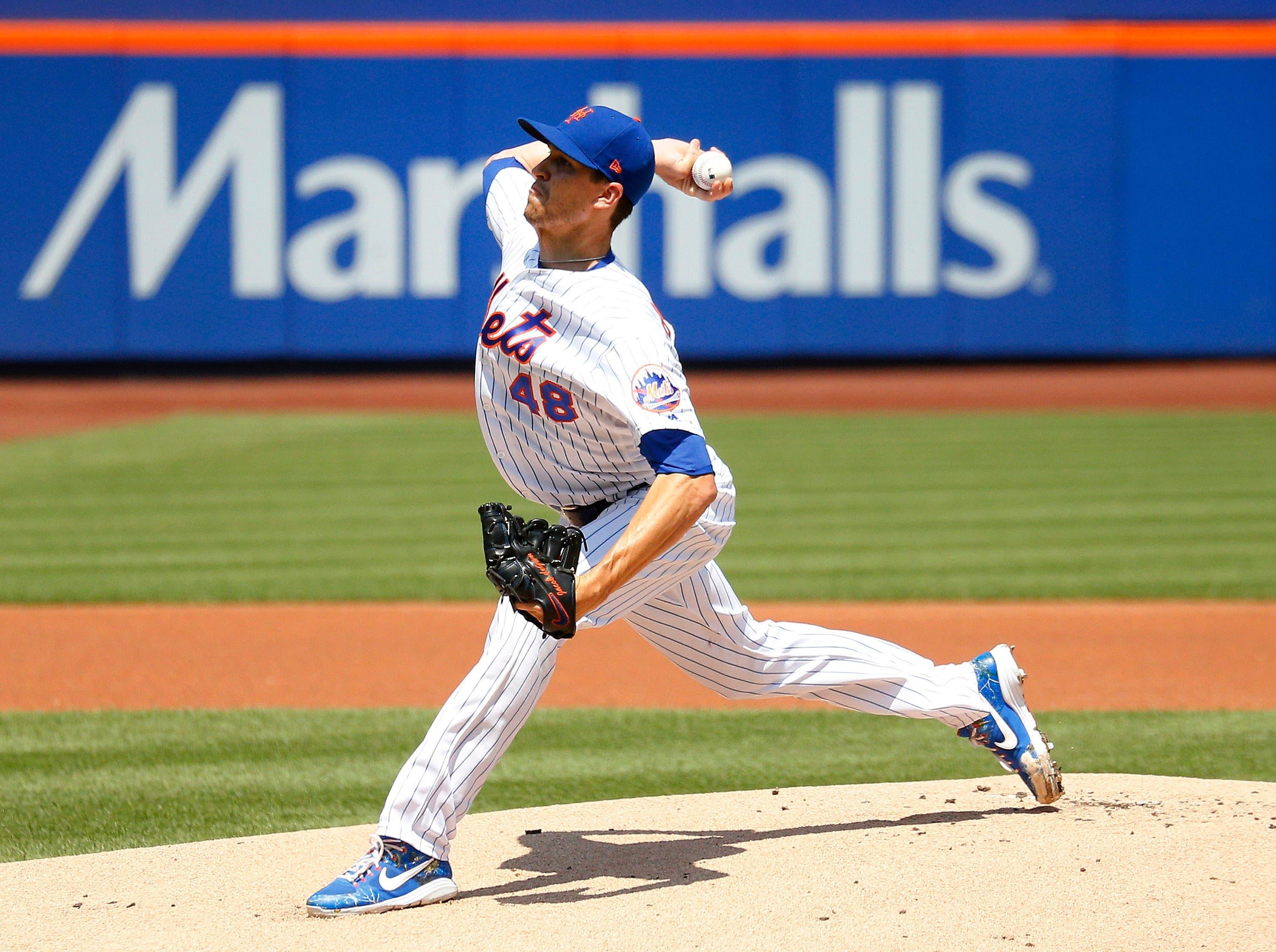 Jul 25, 2019; New York City, NY, USA; New York Mets starting pitcher Jacob deGrom (48) pitches against the San Diego Padres during the first inning at Citi Field. Mandatory Credit: Andy Marlin-USA TODAY Sports / Andy Marlin