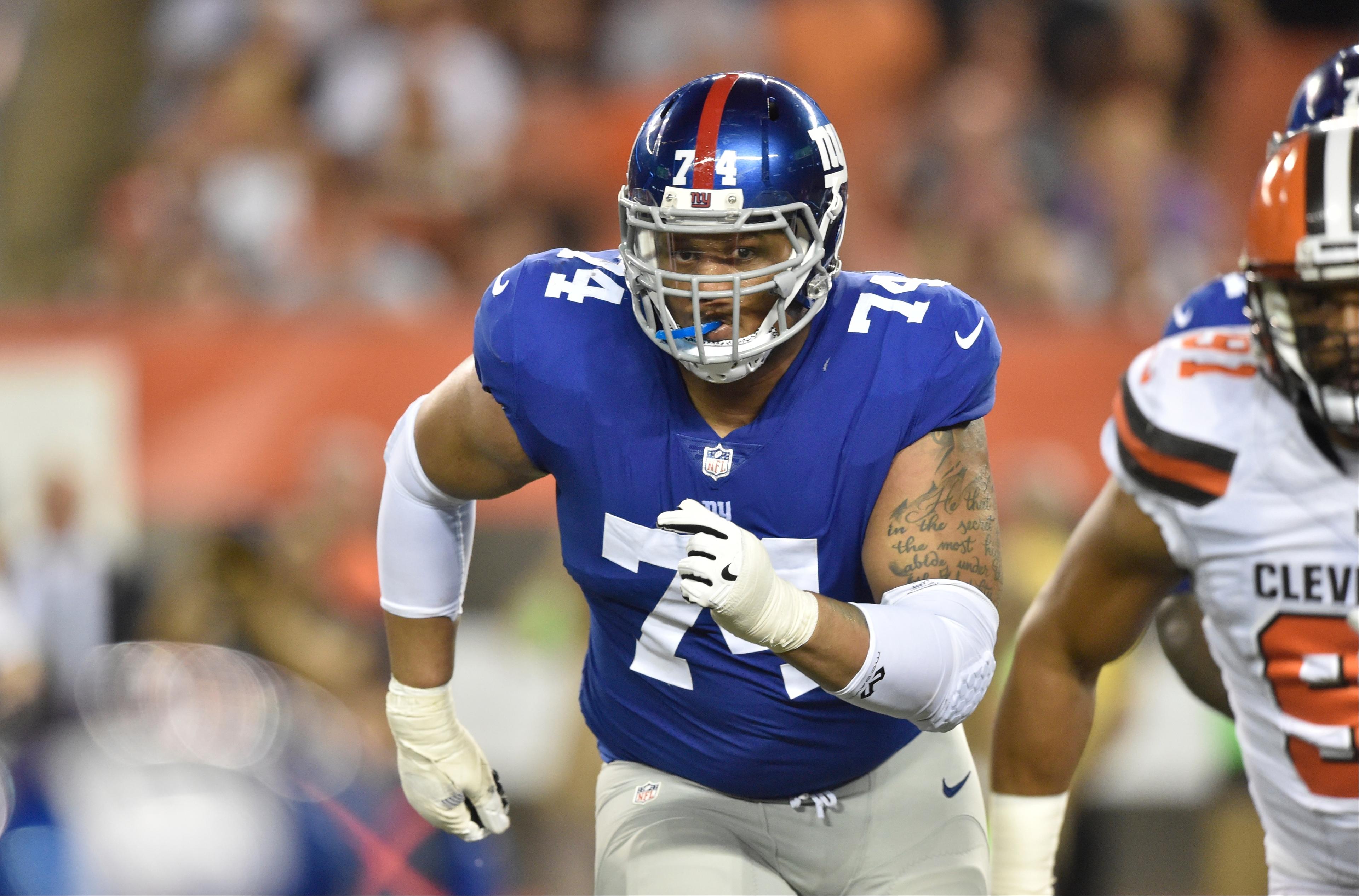 New York Giants offensive tackle Ereck Flowers (74) blocks during an NFL preseason football game against the Cleveland Browns.