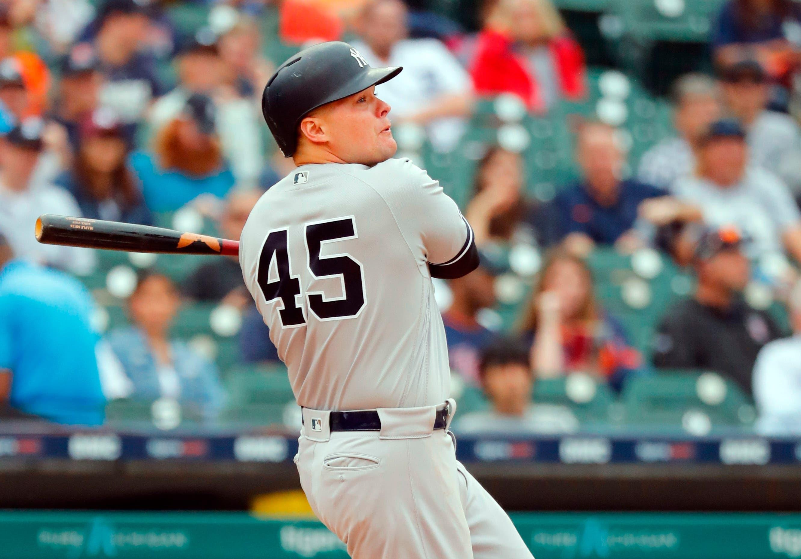 Sep 12, 2019; Detroit, MI, USA; New York Yankees first baseman Luke Voit (45) hits a double in the seventh inning against the Detroit Tigers at Comerica Park. Mandatory Credit: Rick Osentoski-USA TODAY Sports / Rick Osentoski