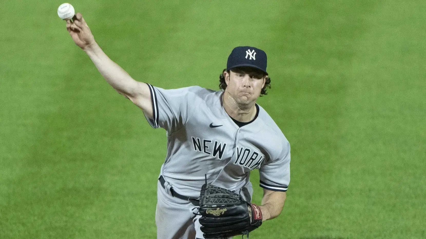 Jun 16, 2021; Buffalo, New York, CAN; New York Yankees pitcher Gerrit Cole (45) delivers a pitch during the eighth inning against the Toronto Blue Jays at Sahlen Field. / Gregory Fisher-USA TODAY Sports