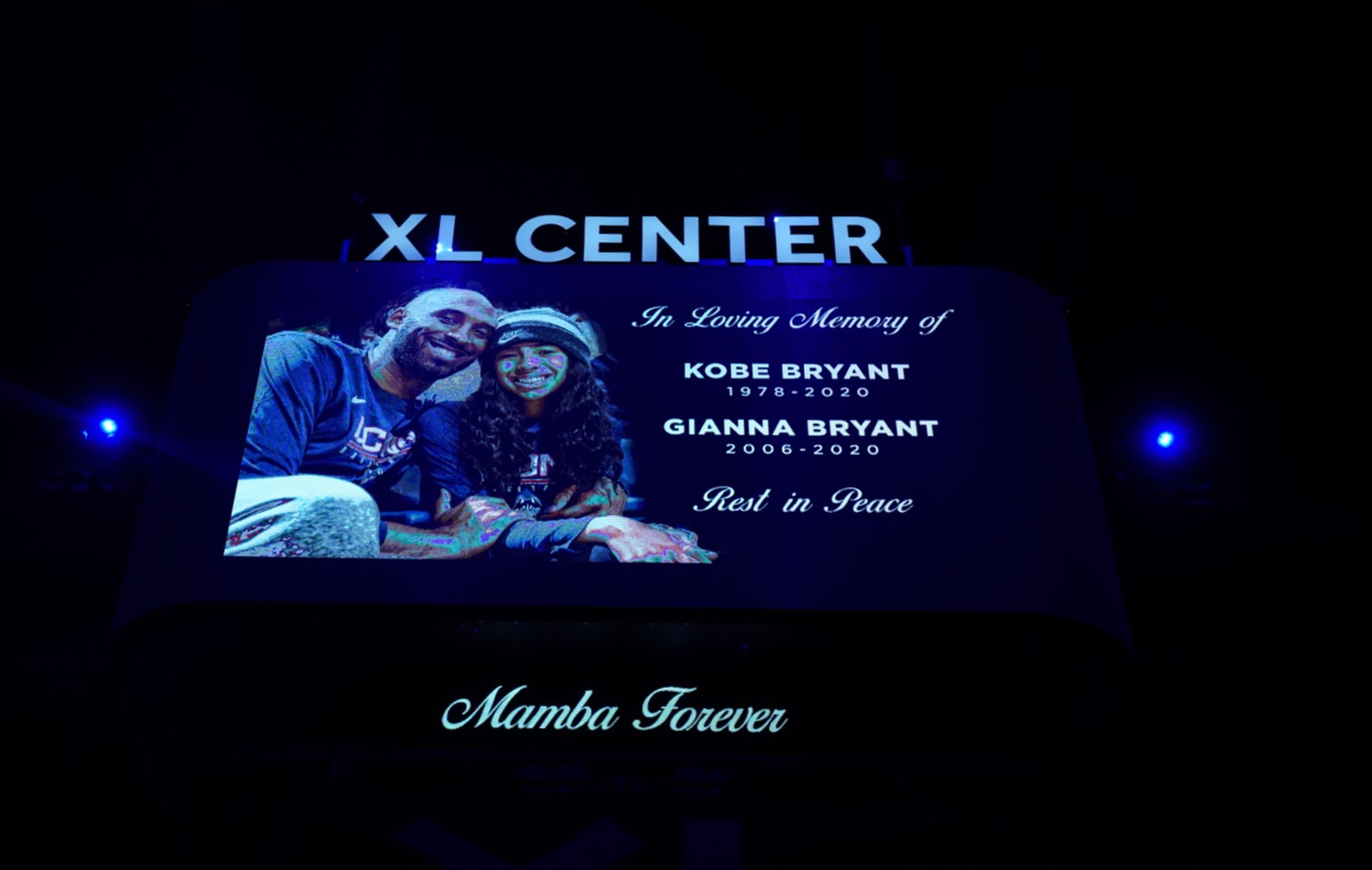 Jan 27, 2020; Hartford, Connecticut, USA; The center monitor stands out in honor of former NBA star Kobe Bryant before the start of the game against the UConn Huskies and 2020 USA Womens National Basketball Team at XL Center. Mandatory Credit: David Butler II-USA TODAY Sports / David Butler II