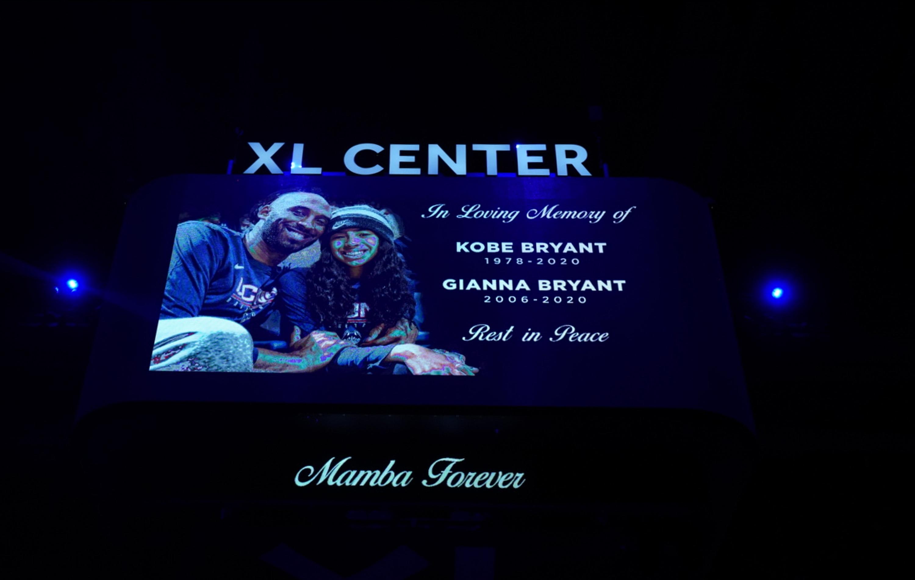 Jan 27, 2020; Hartford, Connecticut, USA; The center monitor stands out in honor of former NBA star Kobe Bryant before the start of the game against the UConn Huskies and 2020 USA Womens National Basketball Team at XL Center. Mandatory Credit: David Butler II-USA TODAY Sports