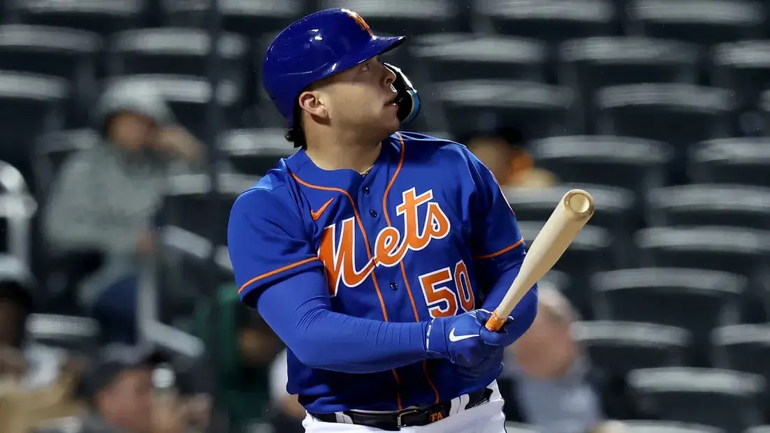 Oct 4, 2022; New York City, New York, USA; New York Mets catcher Francisco Alvarez (50) follows through on a solo home run against the Washington Nationals during the sixth inning at Citi Field. The home run was the first of his major league career. / Brad Penner-USA TODAY Sports