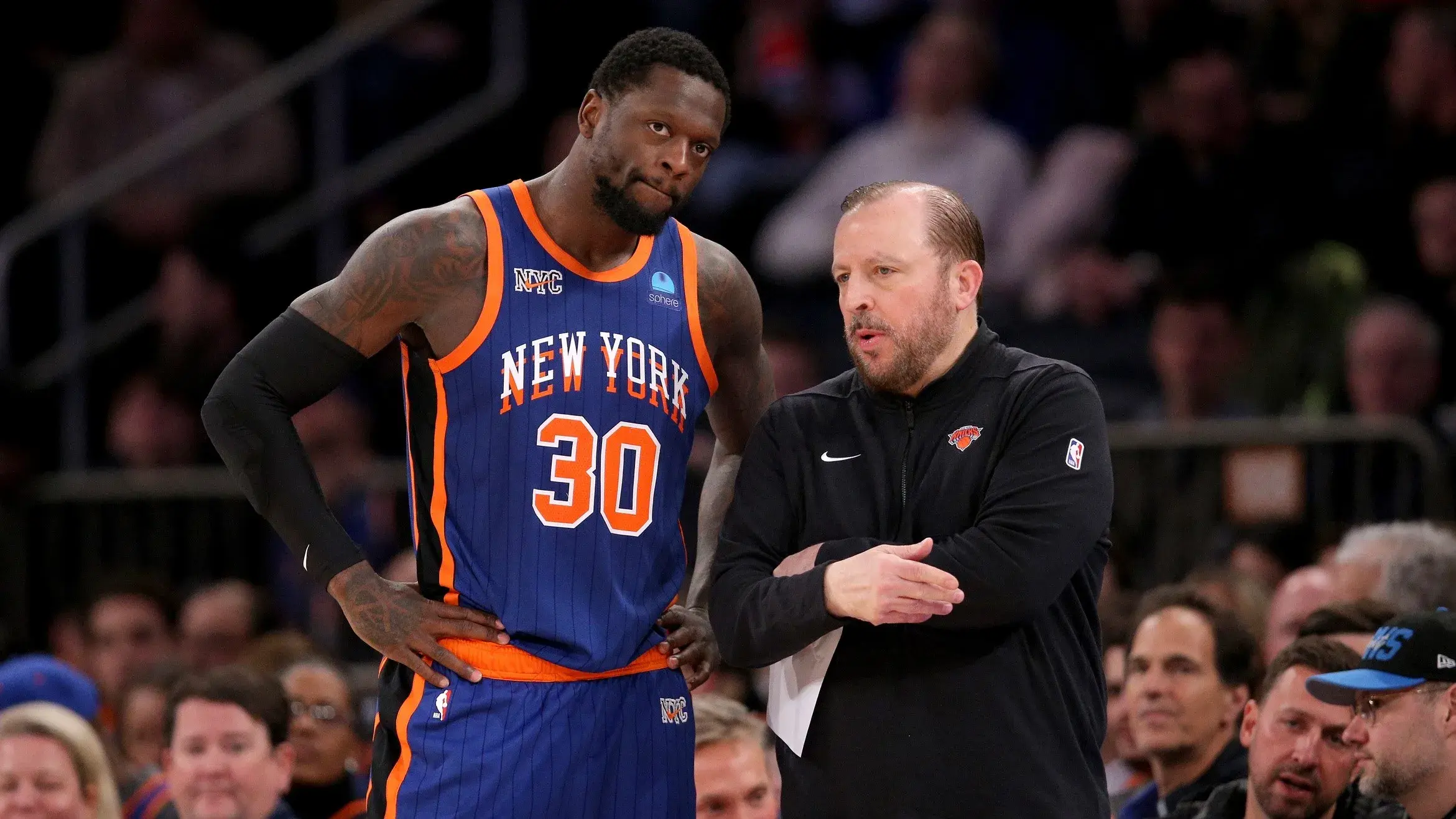 Jan 20, 2024; New York, New York, USA; New York Knicks head coach Tom Thibodeau talks to forward Julius Randle (30) during the second quarter against the Toronto Raptors at Madison Square Garden. / Brad Penner-USA TODAY Sports