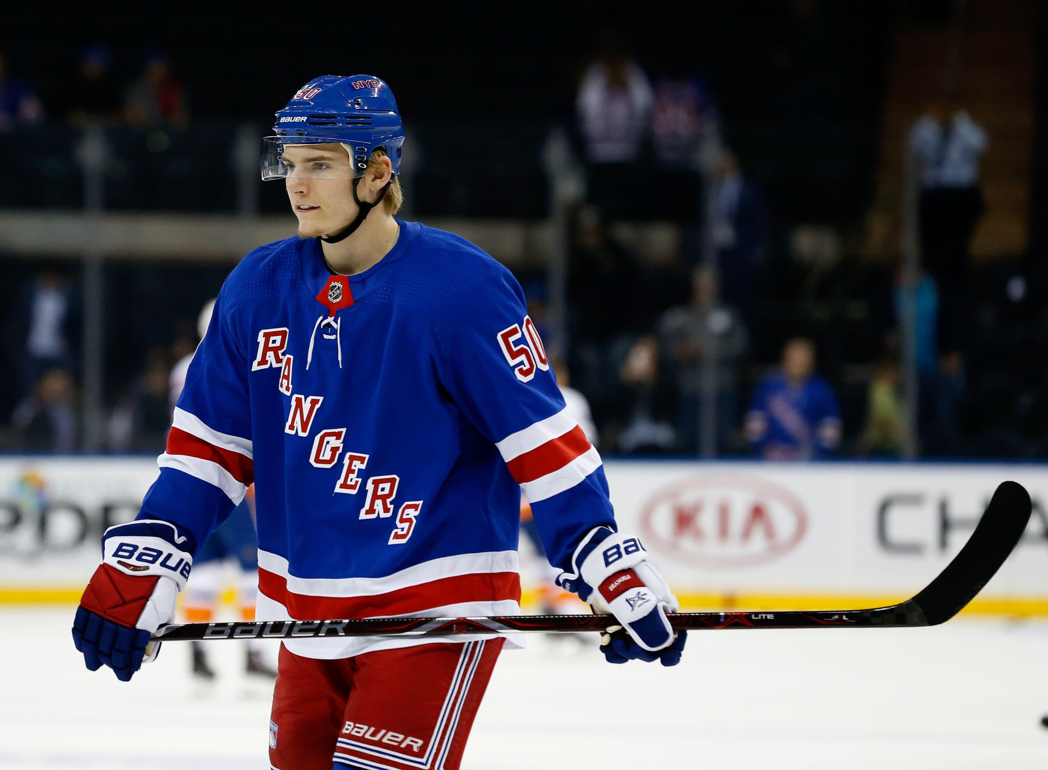 Sep 18, 2017; New York, NY, USA; New York Rangers center Lias Anderson (50) during warm up before game against New York Islanders at Madison Square Garden. Mandatory Credit: Noah K. Murray-USA TODAY Sports / Noah K. Murray