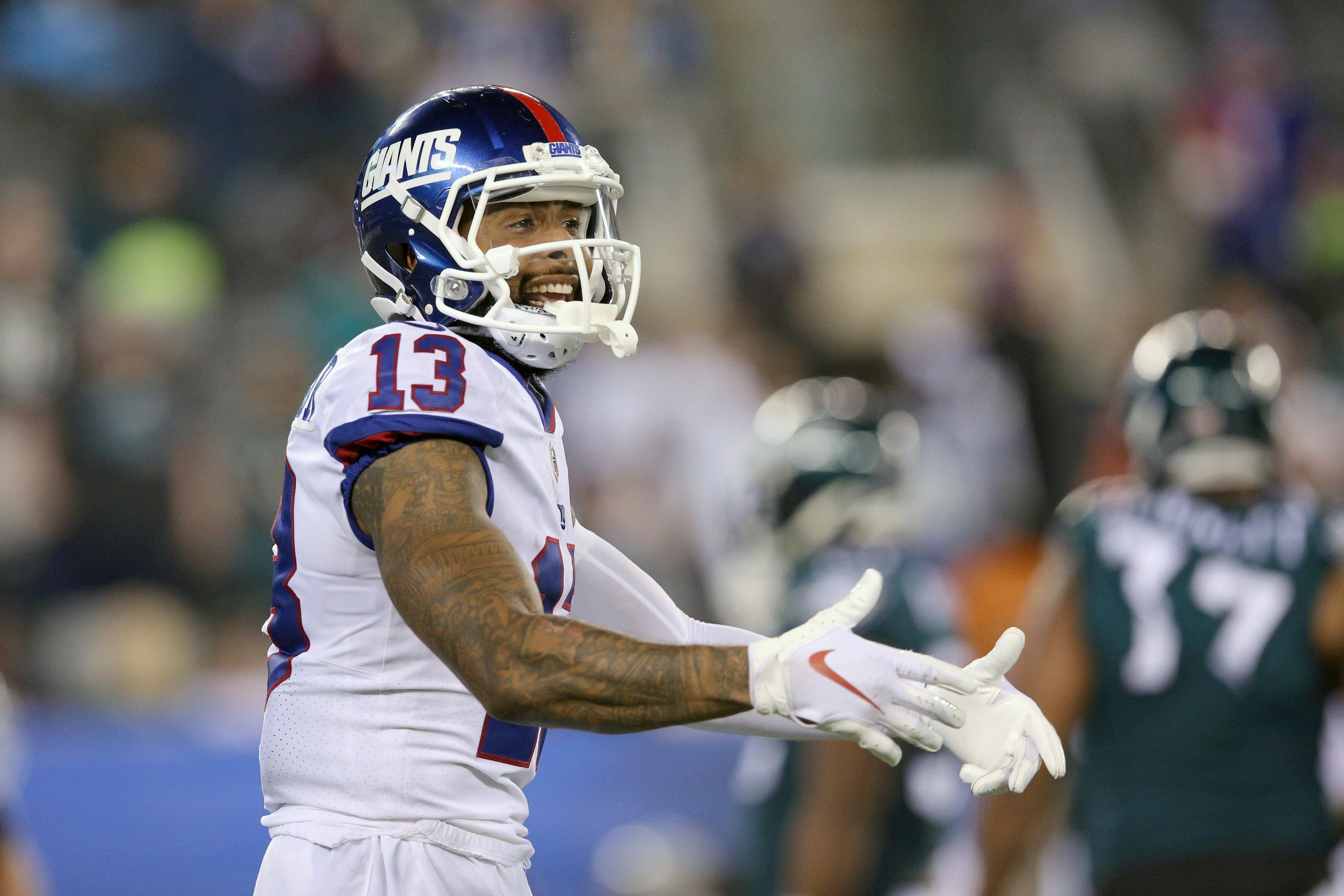 Oct 11, 2018; East Rutherford, NJ, USA; New York Giants wide receiver Odell Beckham Jr. (13) reacts late during the fourth quarter against the Philadelphia Eagles at MetLife Stadium. Mandatory Credit: Brad Penner-USA TODAY Sports / Brad Penner