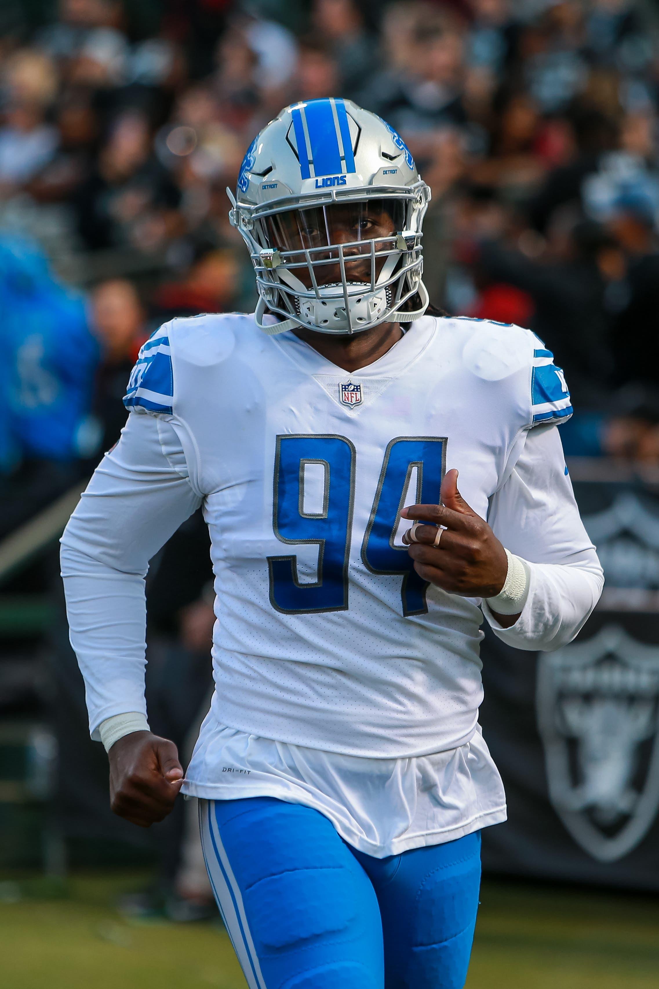 Aug 10, 2018; Oakland, CA, USA; Detroit Lions defensive end Ezekiel Ansah (94) before the game against the Oakland Raiders at Oakland Coliseum. Mandatory Credit: Sergio Estrada-USA TODAY Sports / Sergio Estrada